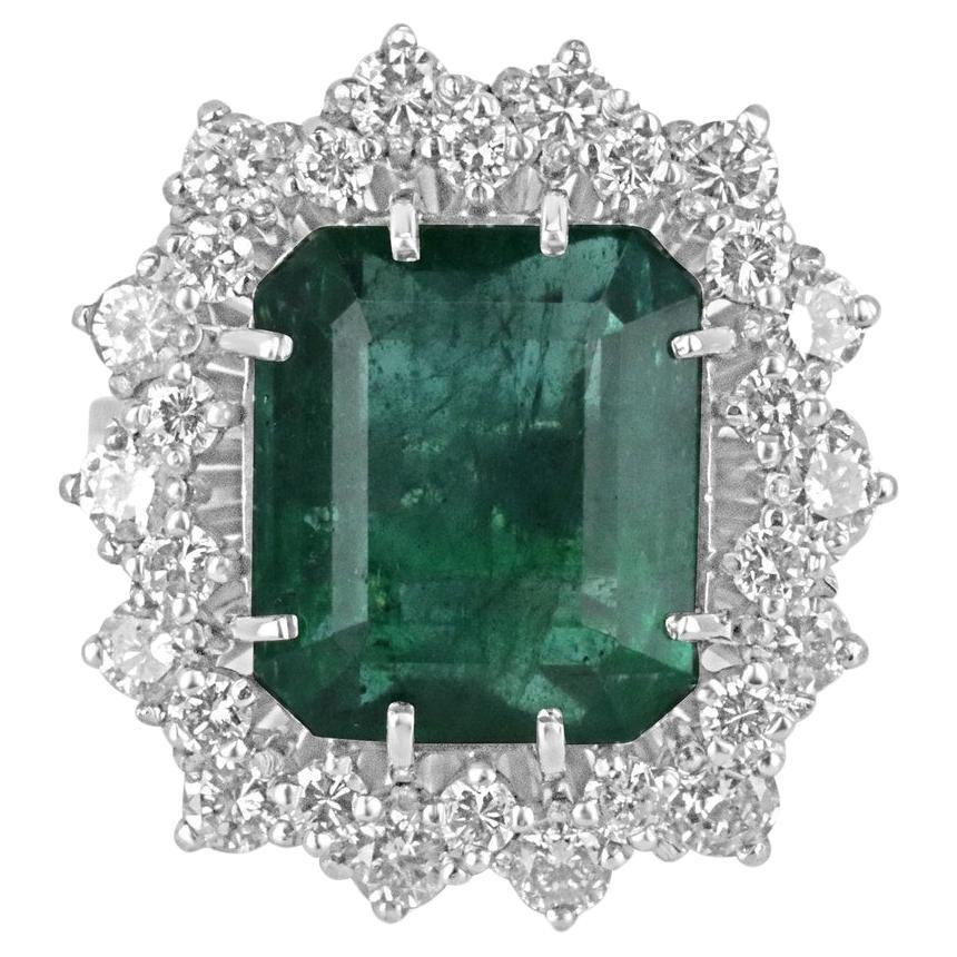 Platinum 10.40tcw Vintage Emerald Cut Emerald & Diamond Halo Ring, Dark Green