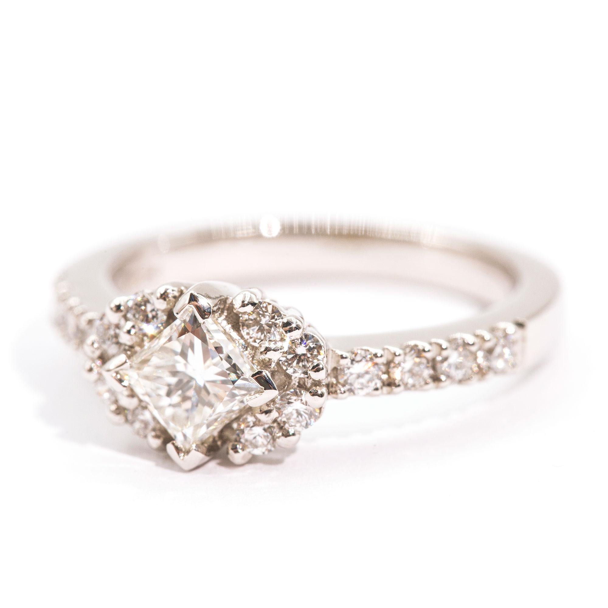 Women's Platinum 1.05 Carat Princess and Round Brilliant Cut Diamond Engagement Ring