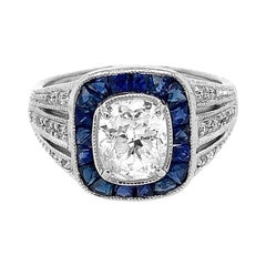 Vintage Platinum Art Deco 1.05 CT Sapphire 1.26 CT Cushion Cut Diamond Ring