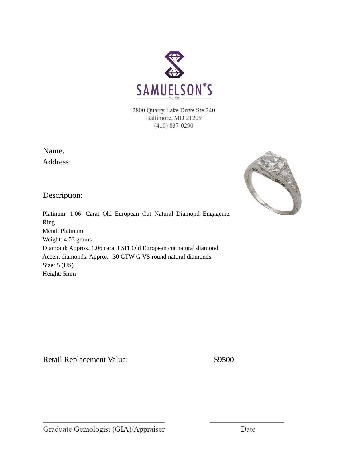 Platinum 1.06 Carat Old European Cut Natural Diamond Engagement Ring  For Sale 2
