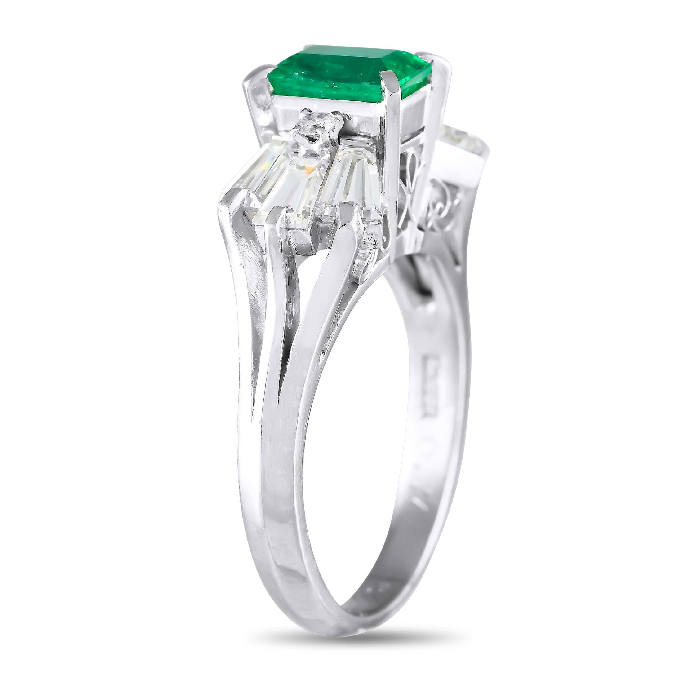 No luxury jewelry collection is complete without this impeccably crafted ring. The Platinum setting beautifully showcases this pieces radiant 0.74 carat center stone. Additional Diamond accents with a total weight of 1.07 carats further elevate this