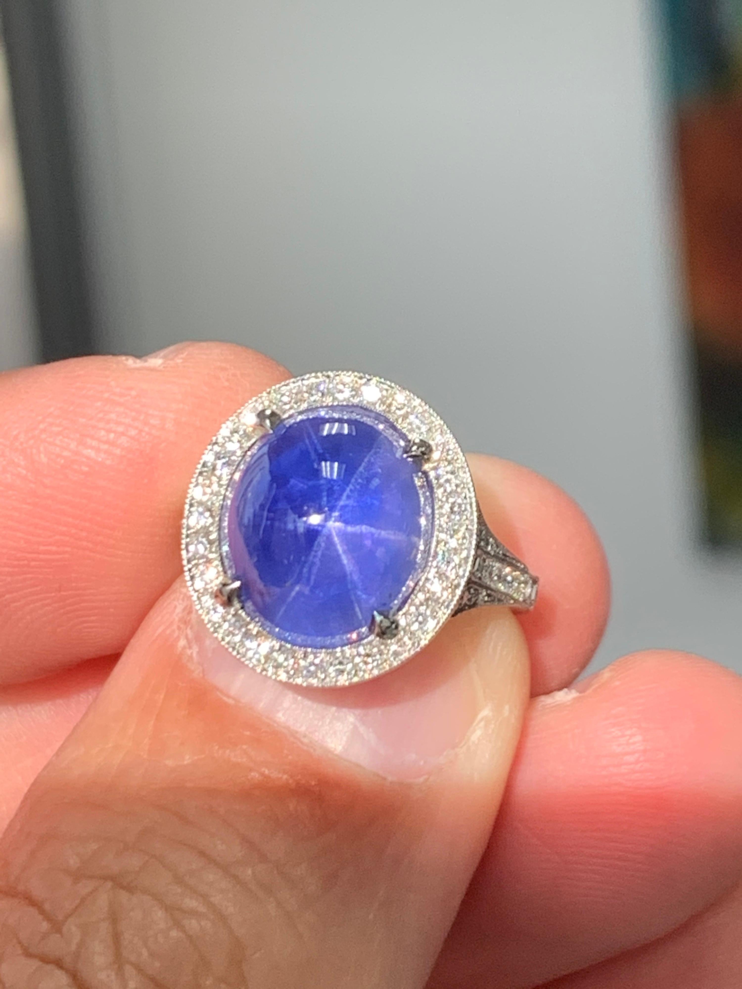 Women's or Men's Platinum 10.80 Carat GIA Certified No Heat Blue Star Sapphire CAB & Diamond Ring For Sale