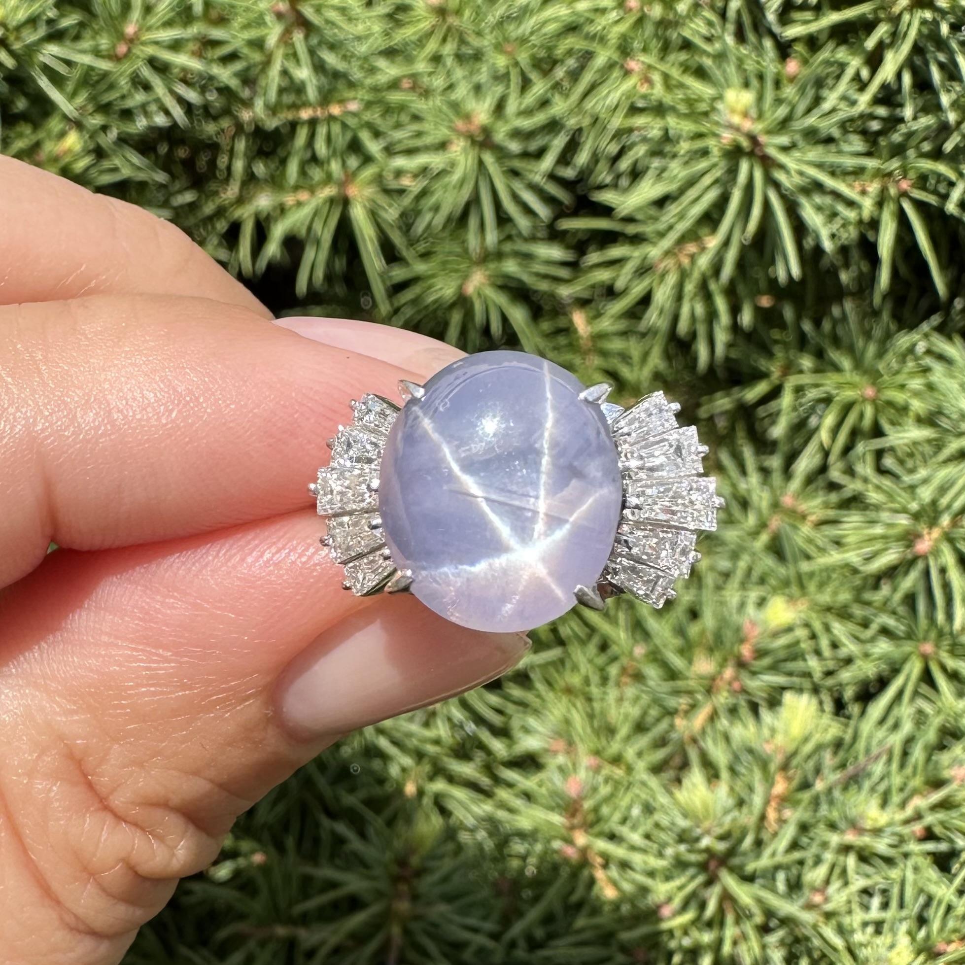Platin 10,95ctw Oval Sharp Star Sapphire Baguette Diamant Flared Ribbon Ring im Angebot 1