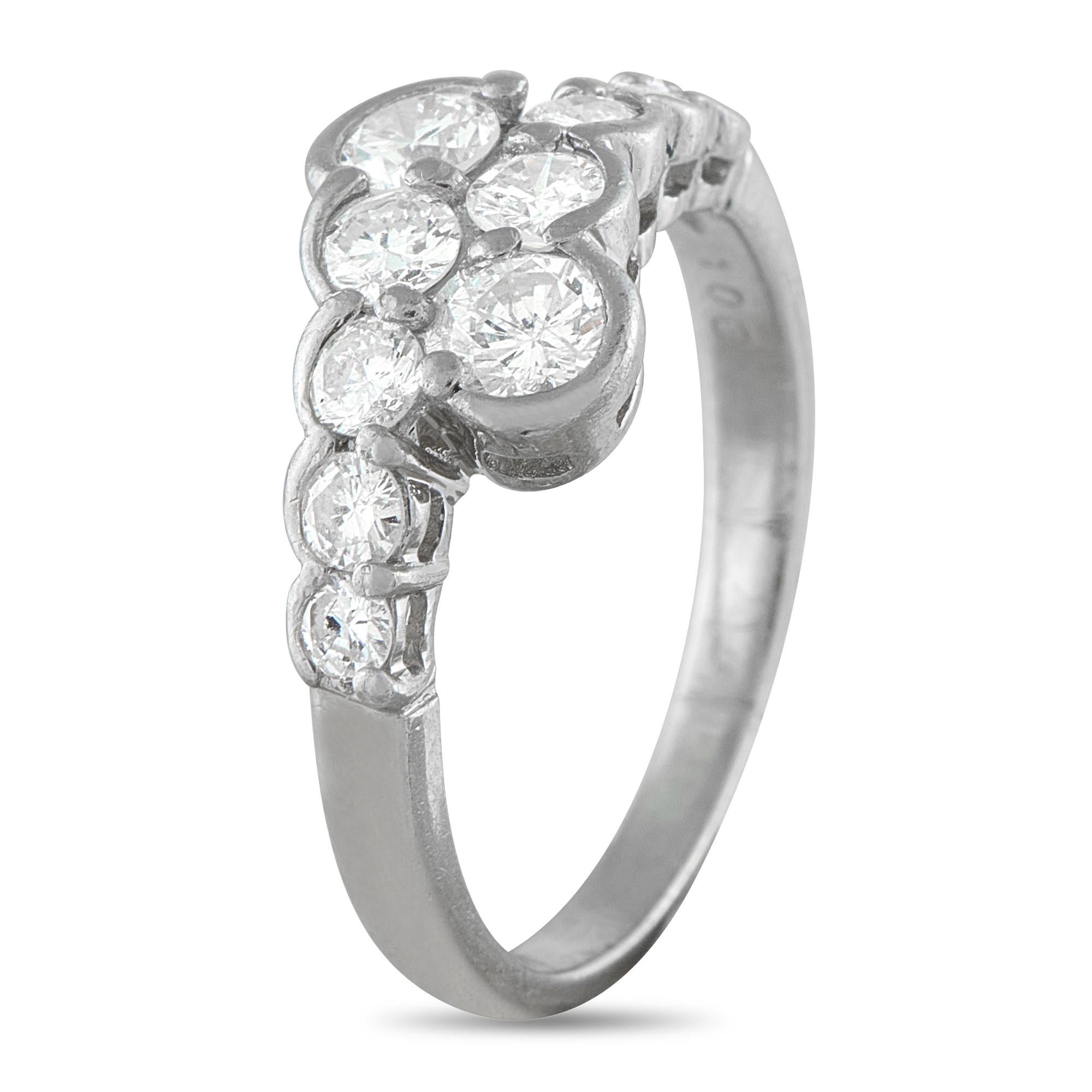 A unique Platinum setting makes this luxury ring simply unforgettable. Incredibly wearable, this dazzling piece comes complete with inset Diamonds totaling 1.0 carats. It features a 3mm wide band and a top height measuring 5mm.This jewelry piece is