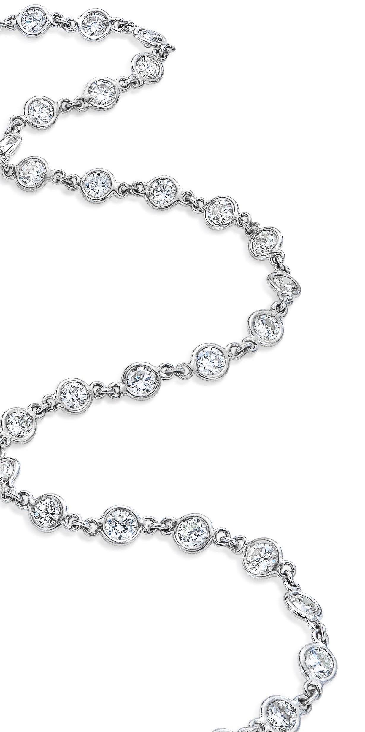 Elegance at its best! A true forever necklace. Gorgeous alone, layered, day to night!
54 round brilliant bezel set diamonds @ 3.80 mm all around= 11 Carat (approx). Custom platinum diamonds by yard setting. Just back in stock.
F-G color
VS - SI