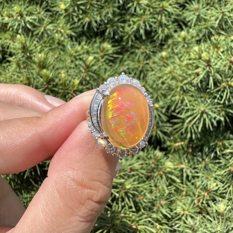 Bague En Platine PT900 Avec Opale De Feu Mexicaine Et Diamants, Taille 6,5 - Occasion, Pierre Principale Couleur Feu