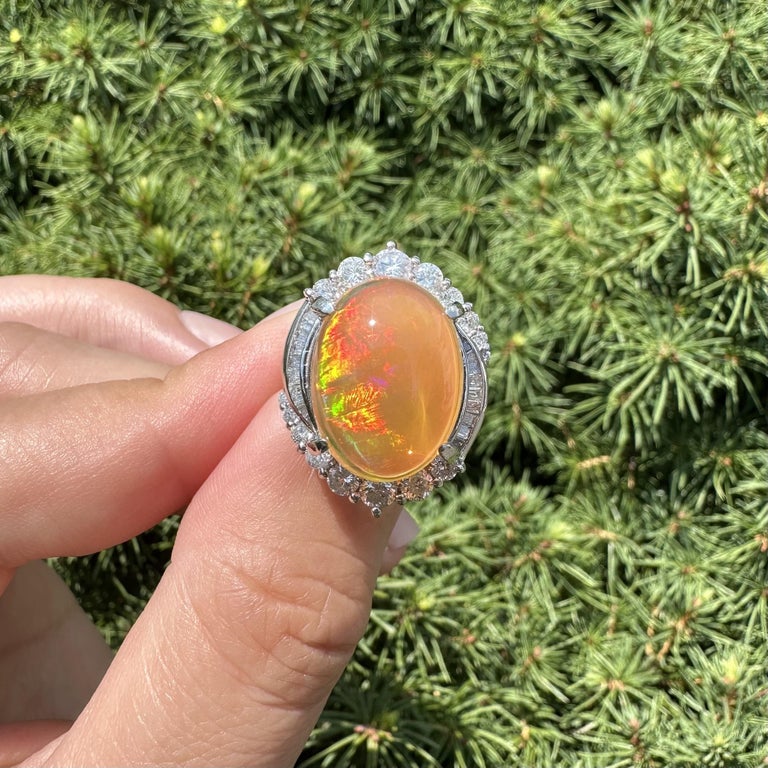 Bague En Platine Avec Opale De Feu Mexicaine Et Diamants - Taille 6,5 - PT900 - Occasion