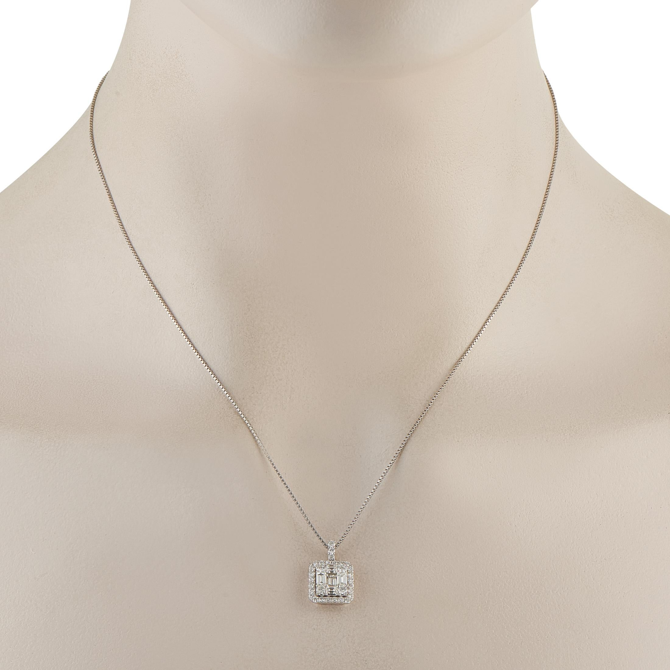 This piece presents a square take on modern brilliance. It features a platinum box chain measuring 17.5 inches long. The pendant has a square-shaped cluster of step-cut and round diamonds, framed by smaller round diamonds. The bail is also traced by