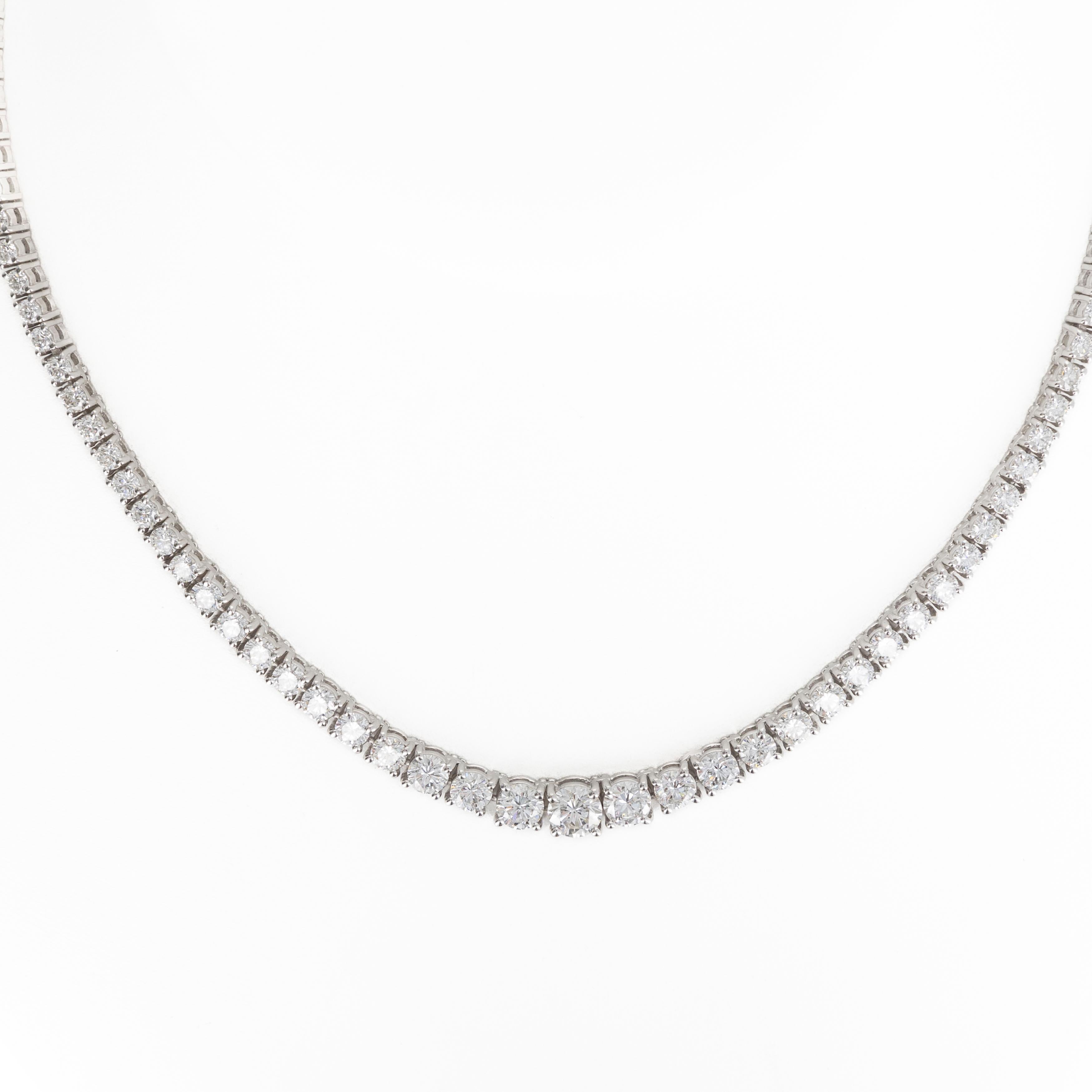 Platinum 11.26 Carat Round Diamond Graduated Riviera Tennis Necklace For Sale 1