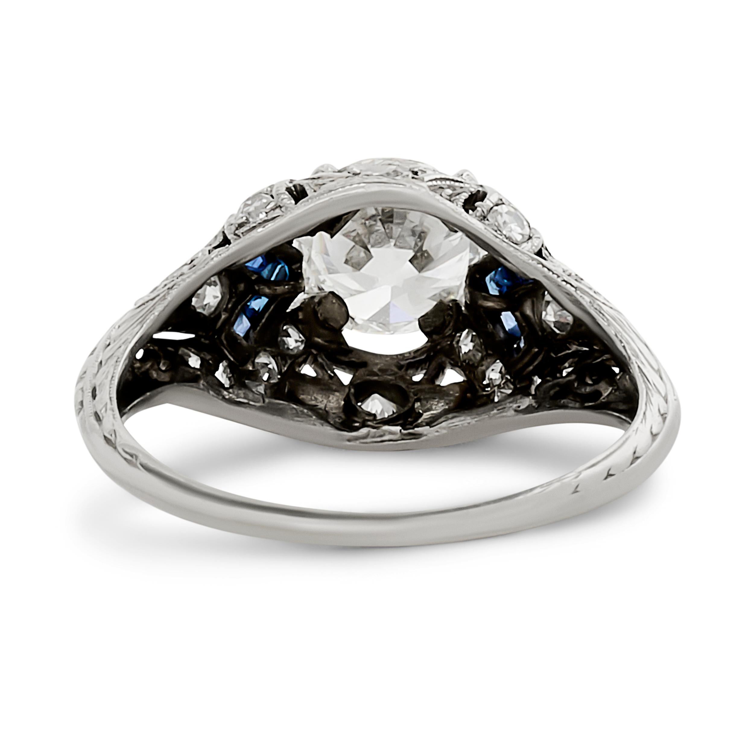 Round Cut Platinum 1.13 carat Diamond and Sapphire Vintage Estate Engagement Ring