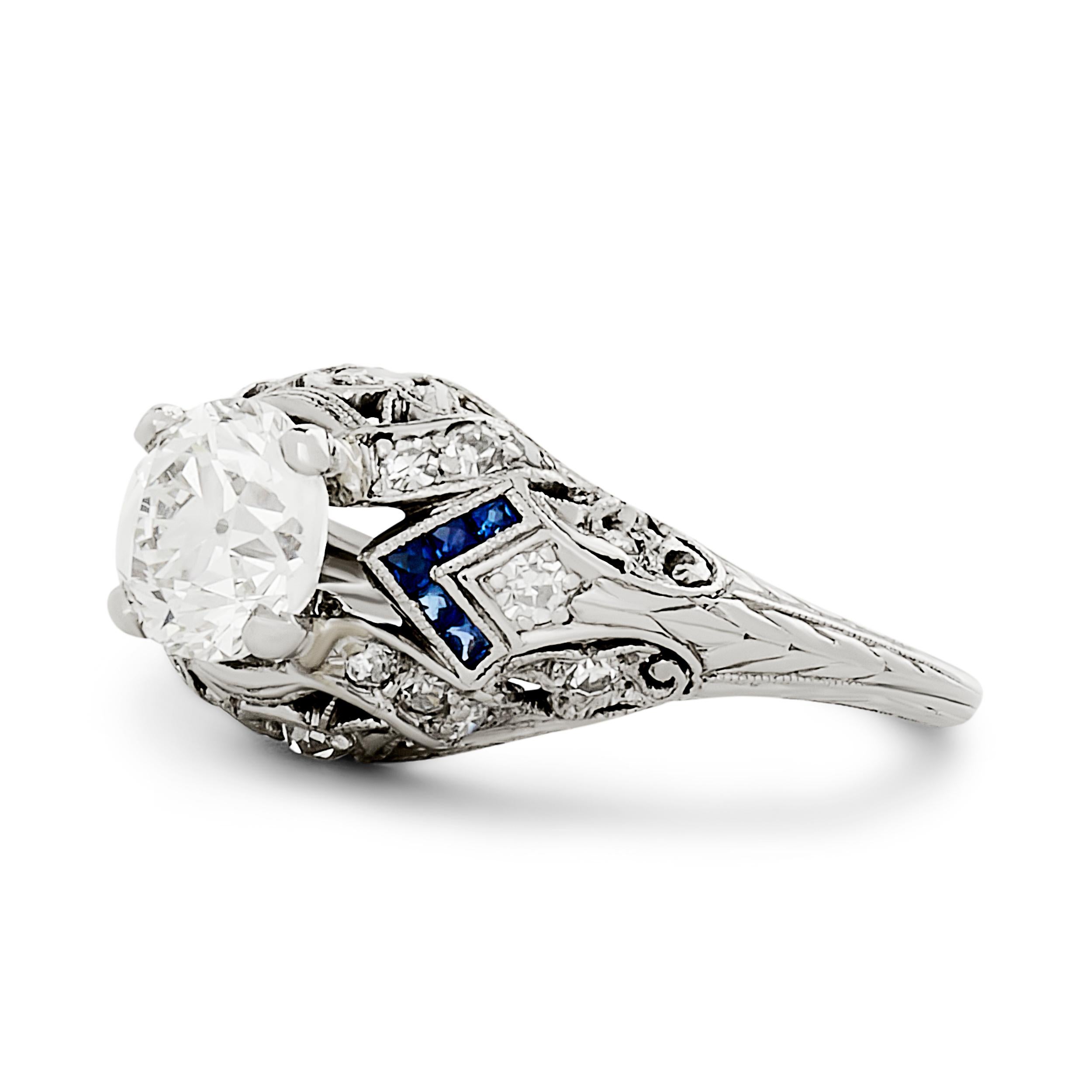 Platinum 1.13 carat Diamond and Sapphire Vintage Estate Engagement Ring In Good Condition In Philadelphia, PA