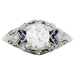 Platinum 1.13 carat Diamond and Sapphire Vintage Estate Engagement Ring