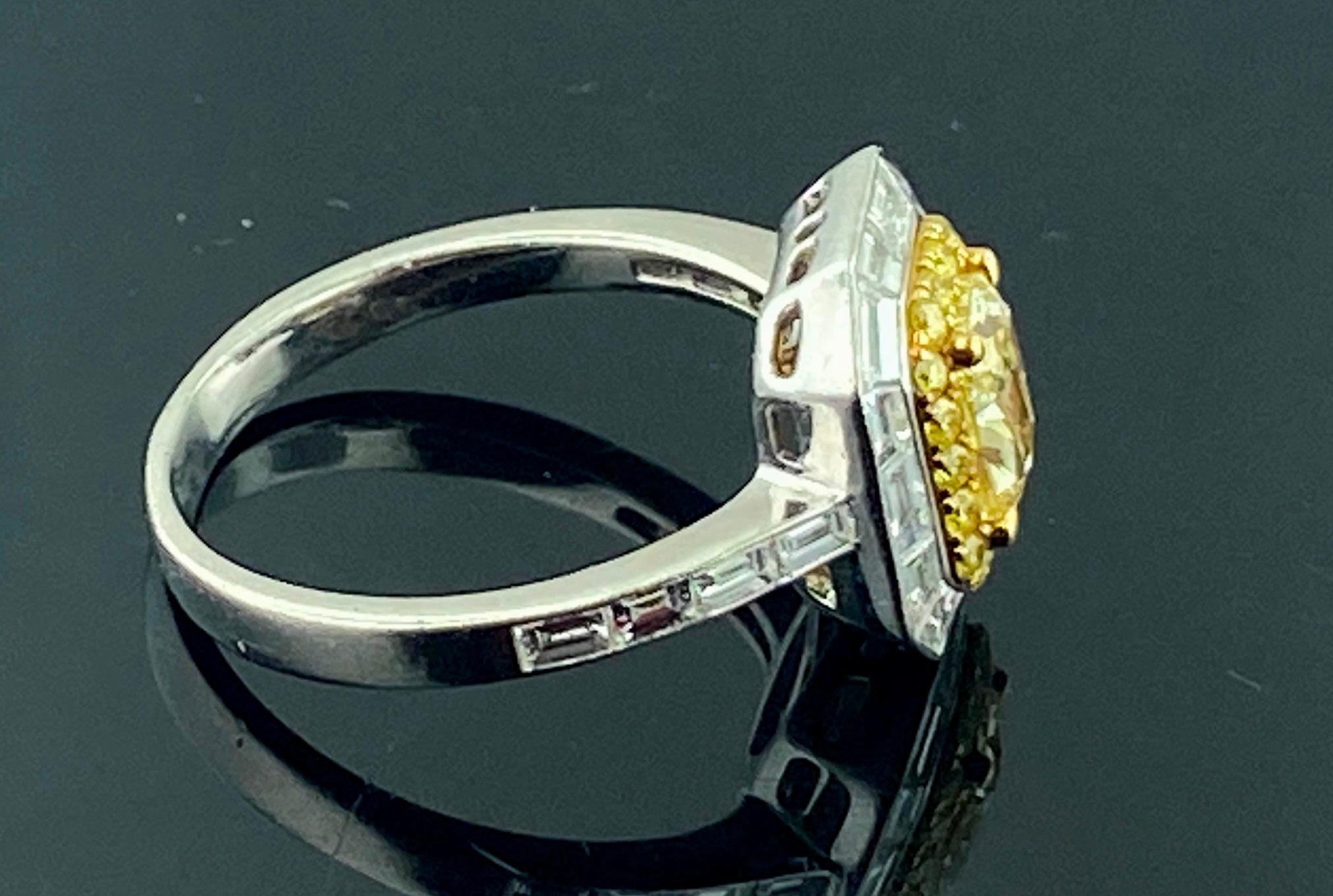 Women's or Men's Platinum 1.13 Ct Fancy Yellow Cushion Cut Center Diamond Ring For Sale