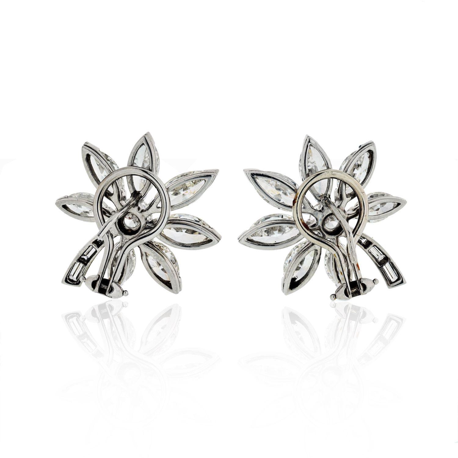 Platinum 11.30 Carat Vintage Marquise Cut Diamond Starflower Earrings In Excellent Condition For Sale In New York, NY