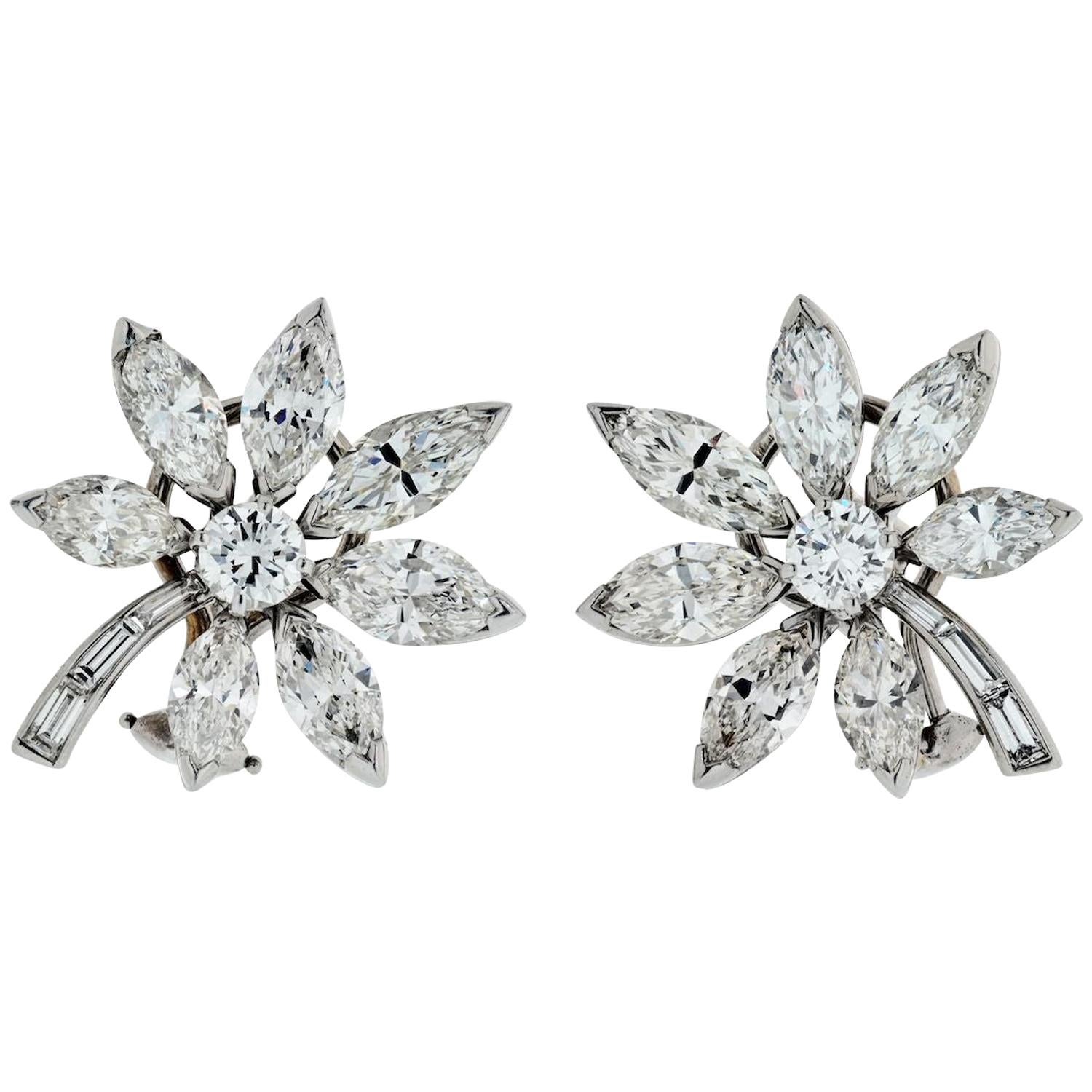 Platinum 11.30 Carat Vintage Marquise Cut Diamond Starflower Earrings