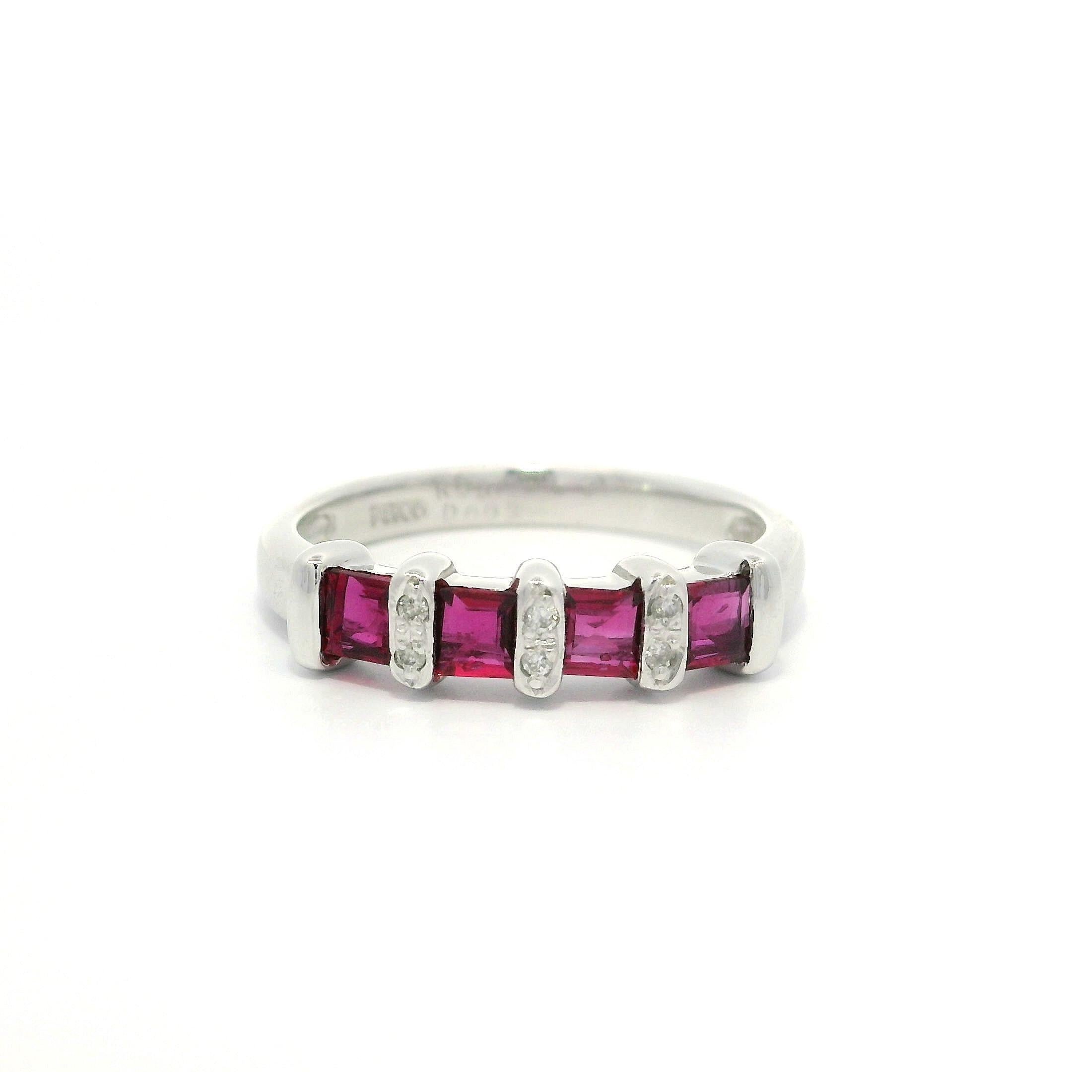 Platinum 1.13ctw Vivid Red Square Step Cut Ruby & Diamond Bar Band Ring