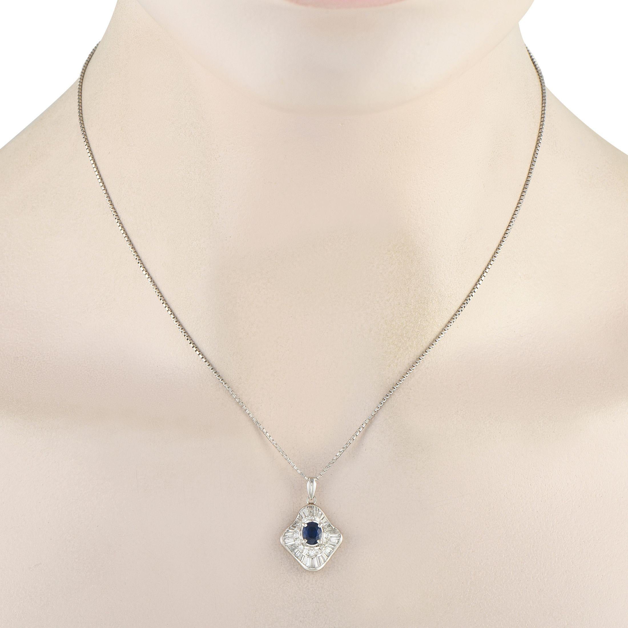 Sparkling Diamonds with a total weight of 1.15 carats make this luxury necklace an elegant addition to any ensemble. At the center of the Platinum pendant, a 0.98 carat oval-cut Sapphire provides this piece with a stylish pop of color. The pendant