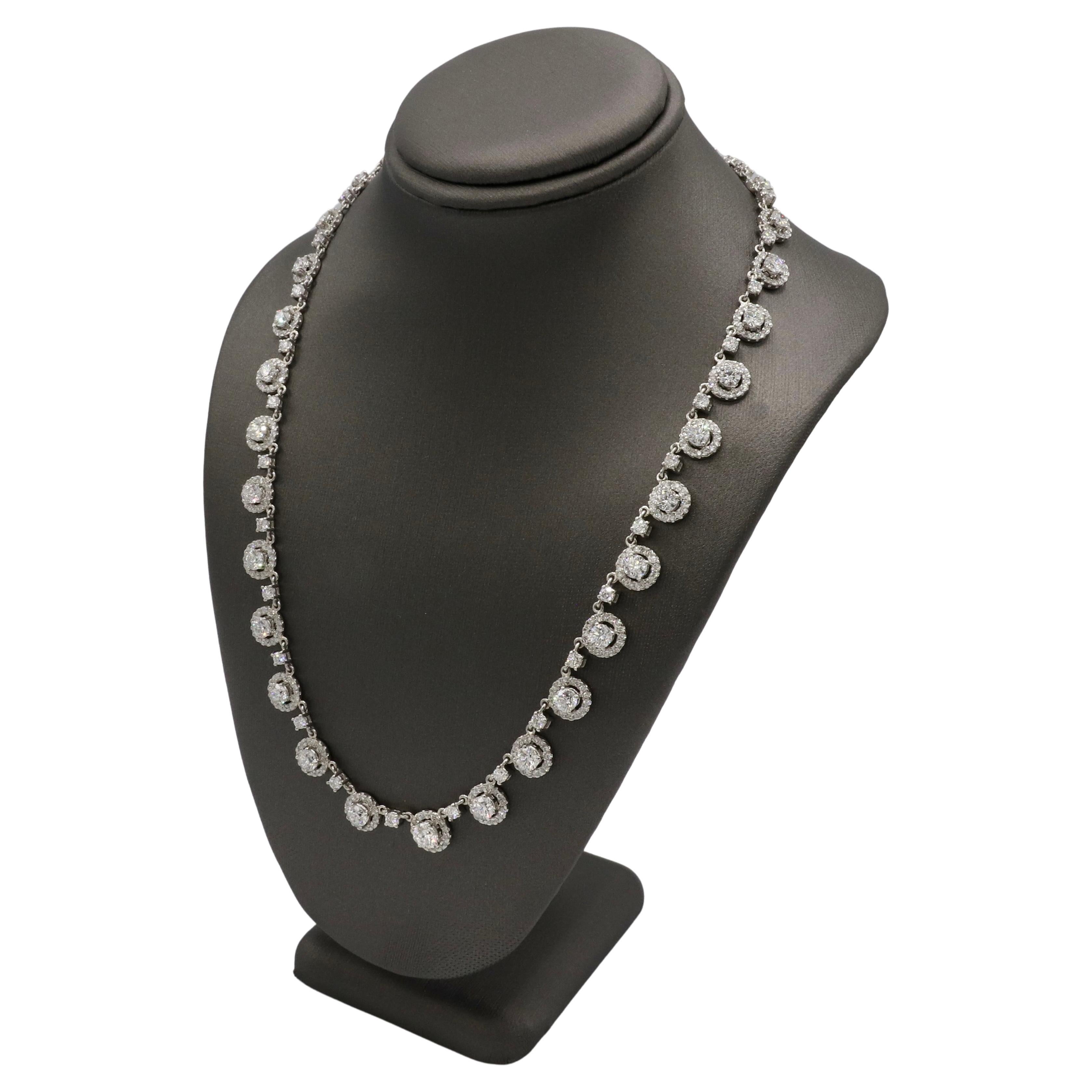 Modern Platinum 11.71 Carat Natural Diamond Halo Riviera Necklace 
