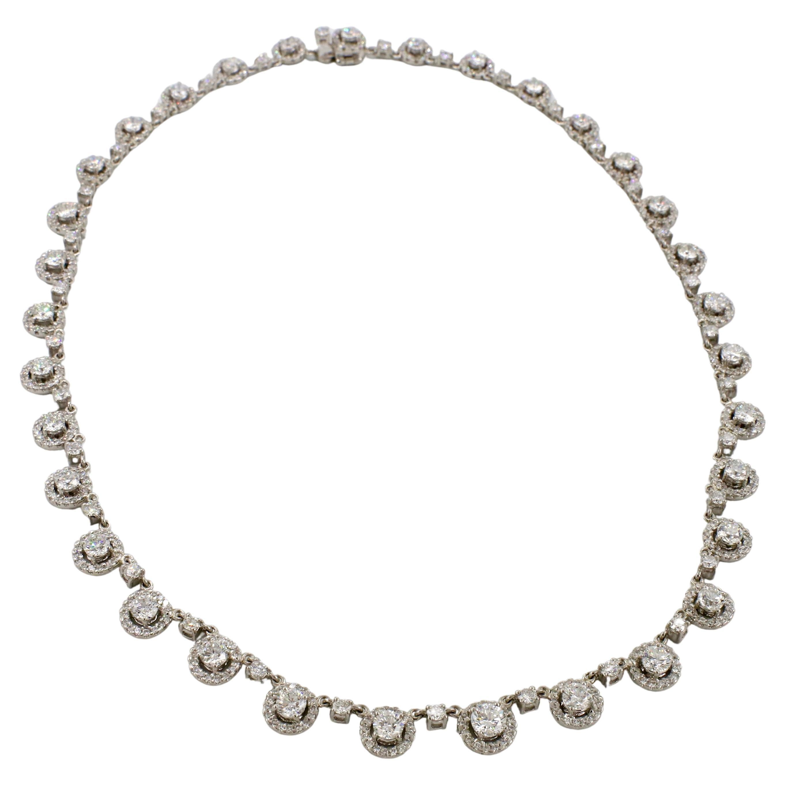 Platinum 11.71 Carat Natural Diamond Halo Riviera Necklace  In Excellent Condition In  Baltimore, MD