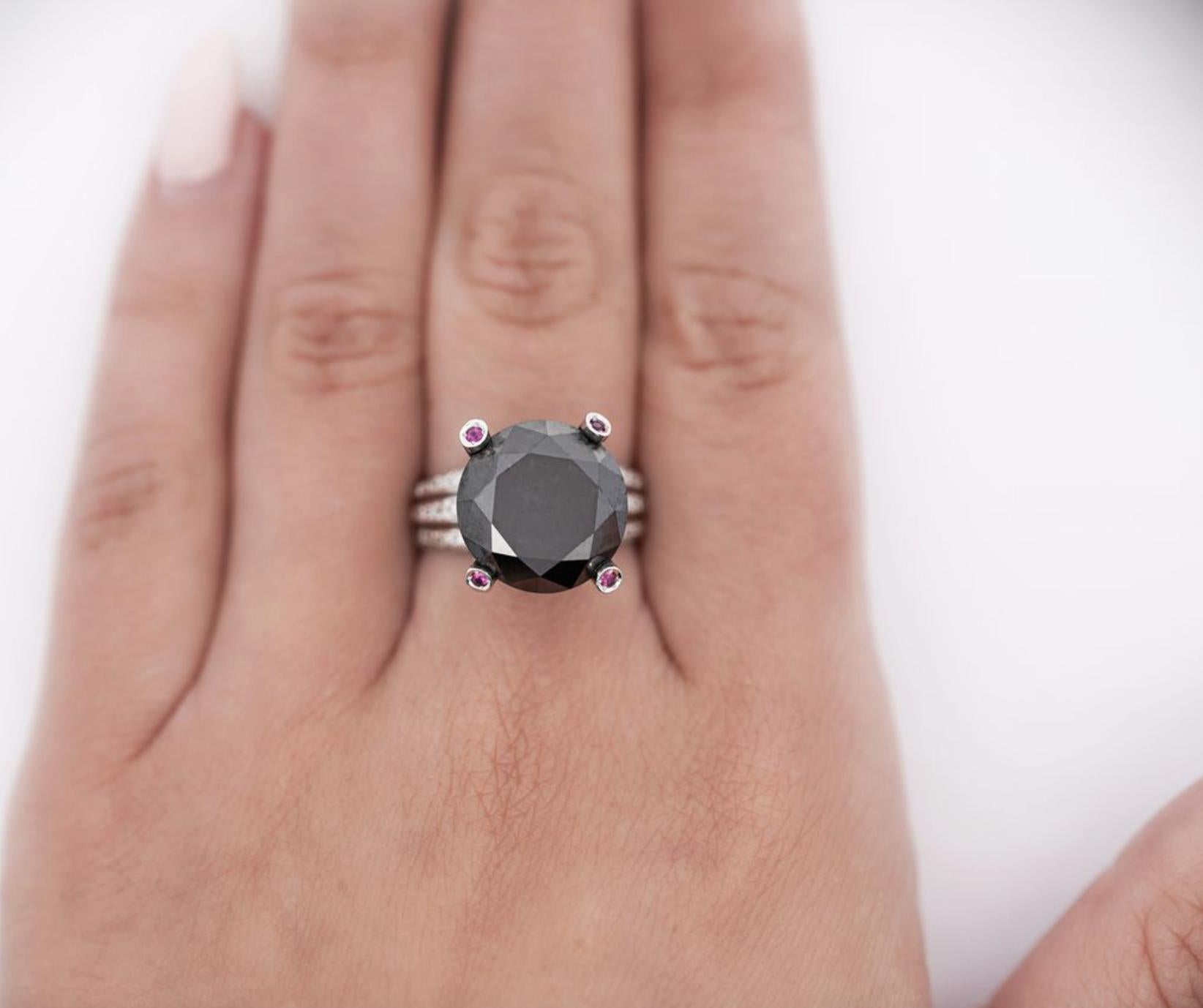 Women's Platinum 11.84 Carat Round Black Diamond Engagement and Pink Diamond Prong Ring For Sale
