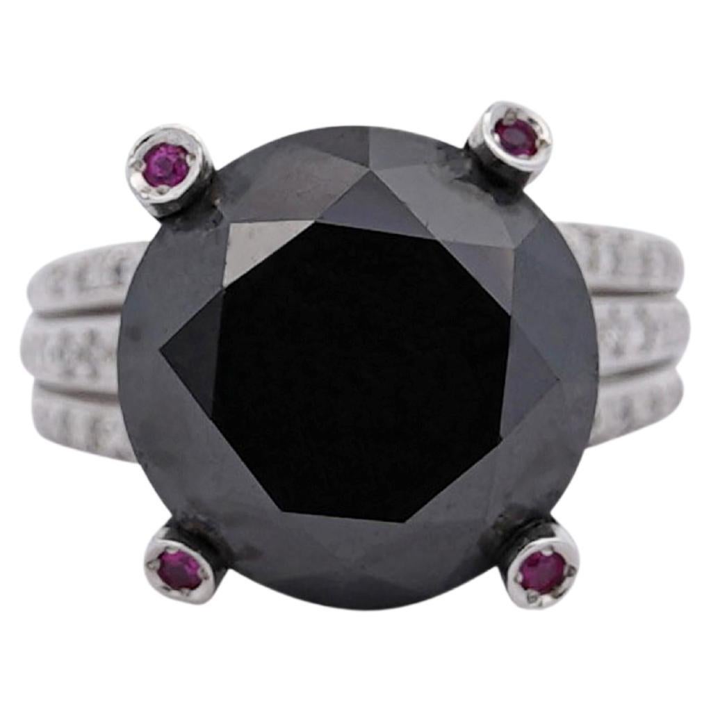 Platinum 11.84 Carat Round Black Diamond Engagement and Pink Diamond Prong Ring For Sale