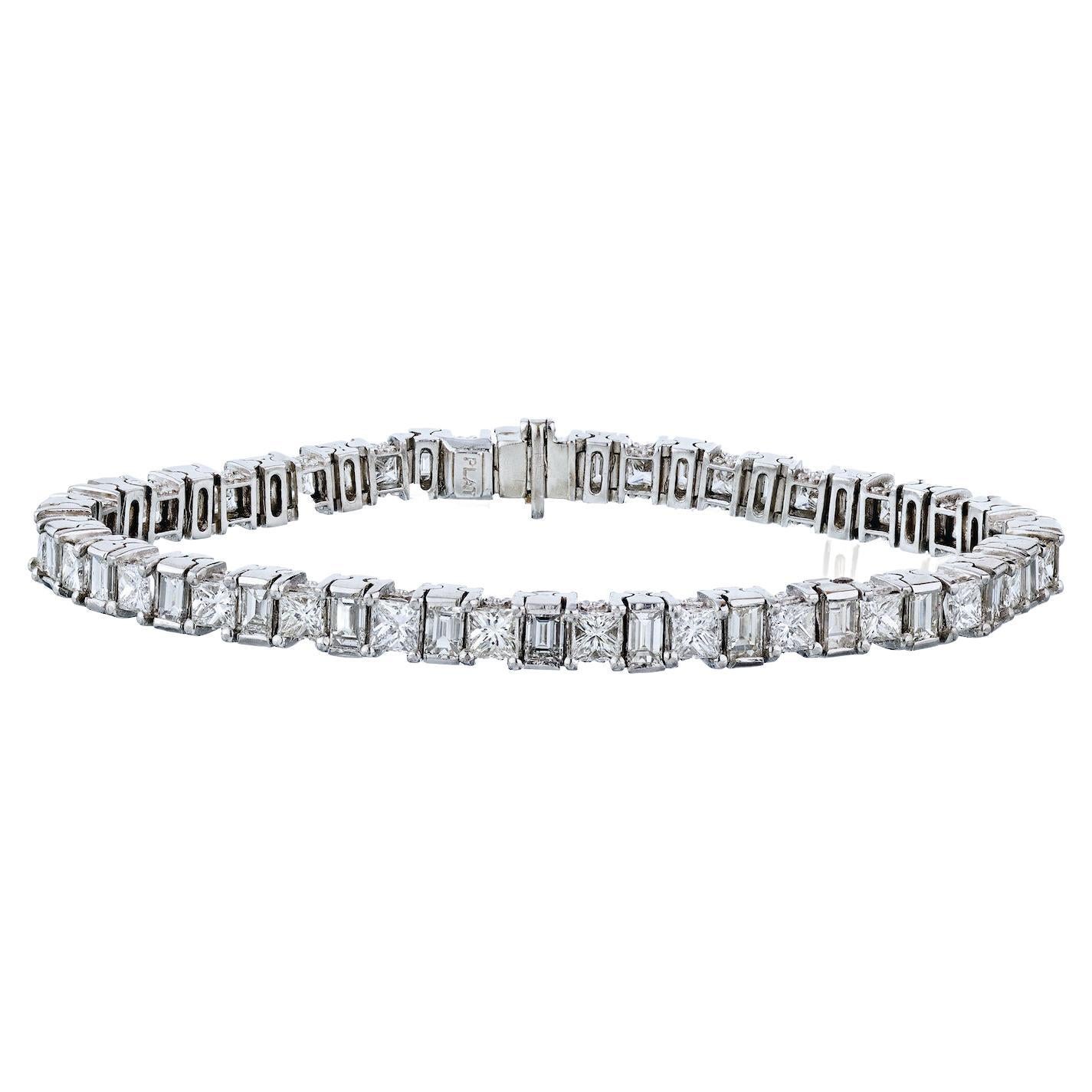 Platinum 12 Carat Diamond One Line Tennis Princess and Emerald Cut Bracelet For Sale