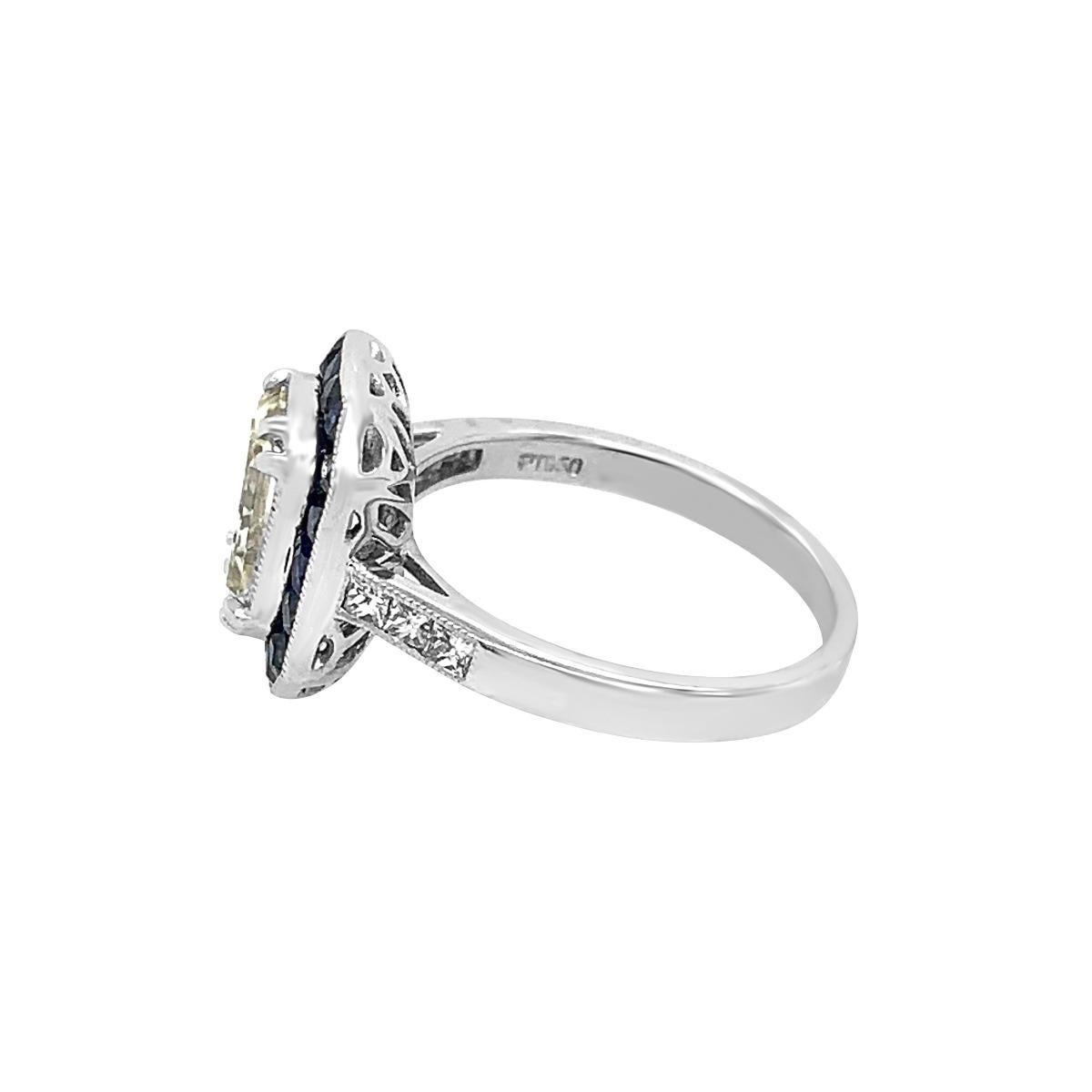 Women's or Men's Platinum 1.20 Carat Sapphire 2.02 Carat Emerald Cut Diamond Ring For Sale