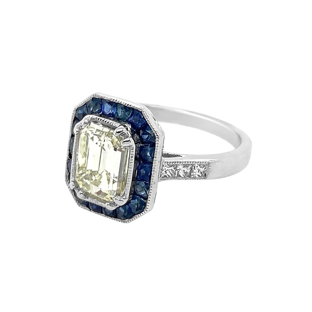 Platinum 1.20 Carat Sapphire 2.02 Carat Emerald Cut Diamond Ring For Sale 1