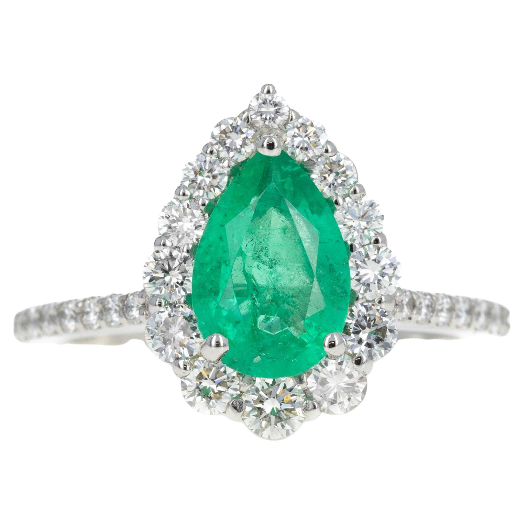 Platinum 1.23 Carat Pear Emerald Diamond Halo Ring