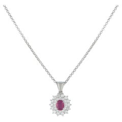 Platinum 1.24ct Diamond and Ruby Oval Double Halo Pendant Necklace
