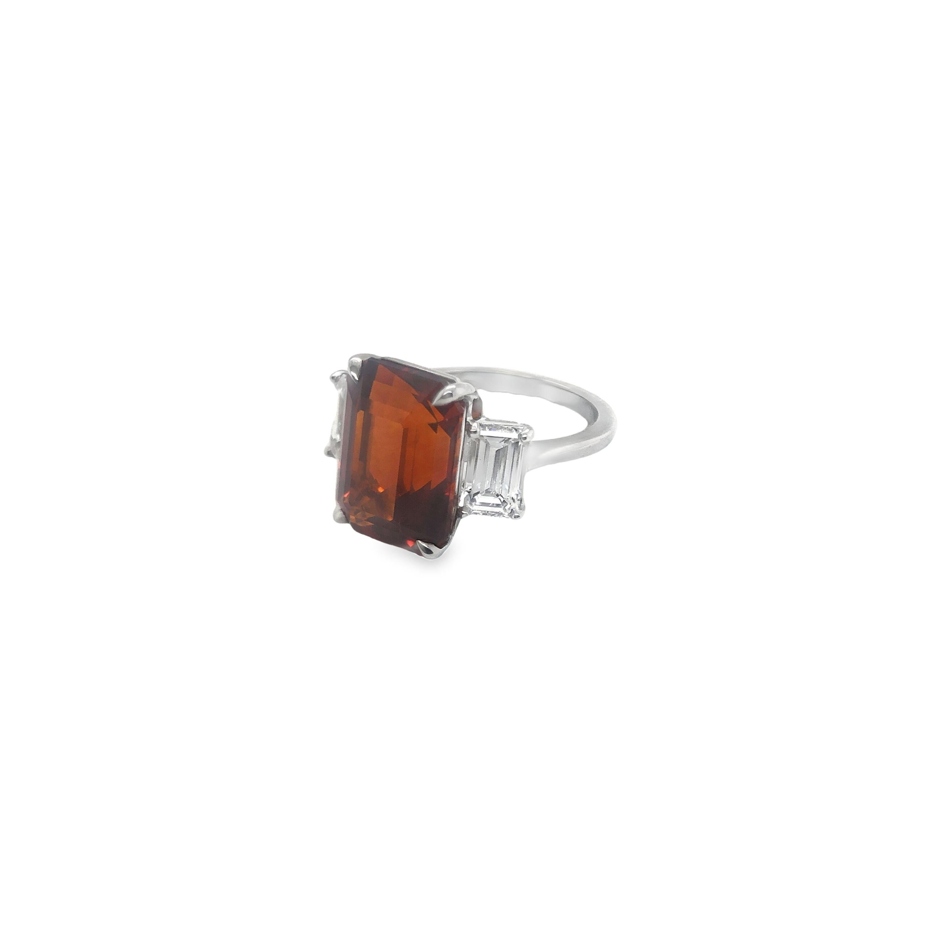 Modern Platinum 12.50 CTS Orange Sapphire and Diamond Three Stone Ring For Sale