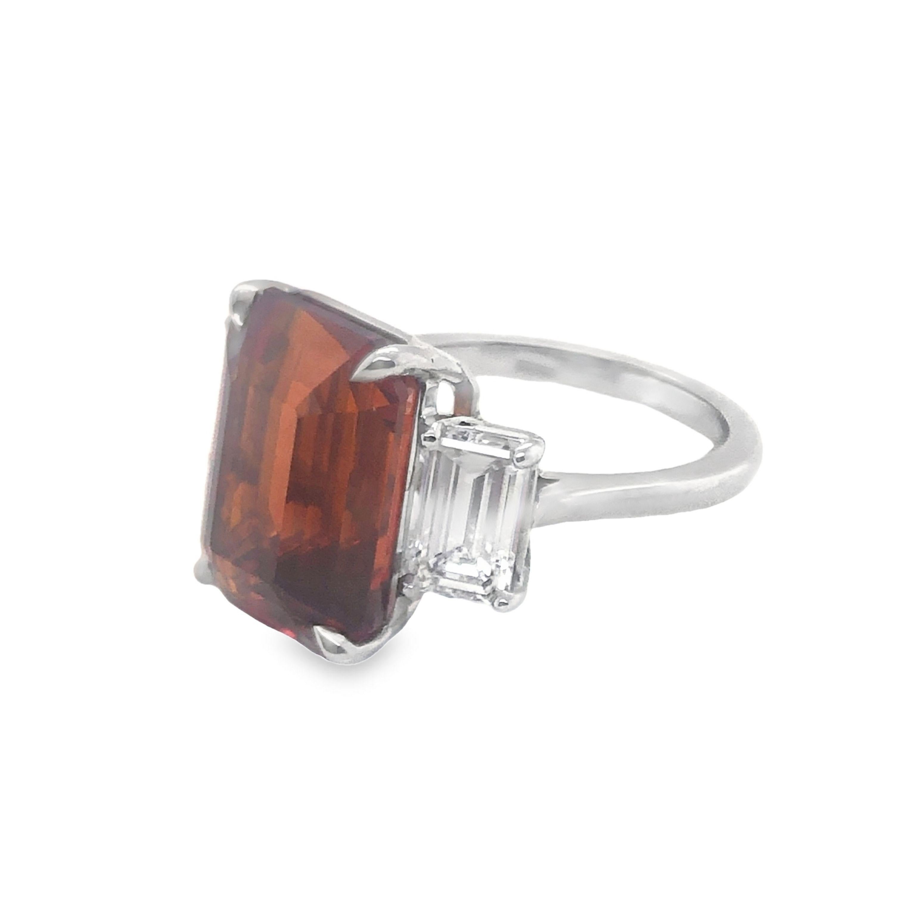 Platinum 12.50 CTS Orange Sapphire and Diamond Three Stone Ring For Sale 1