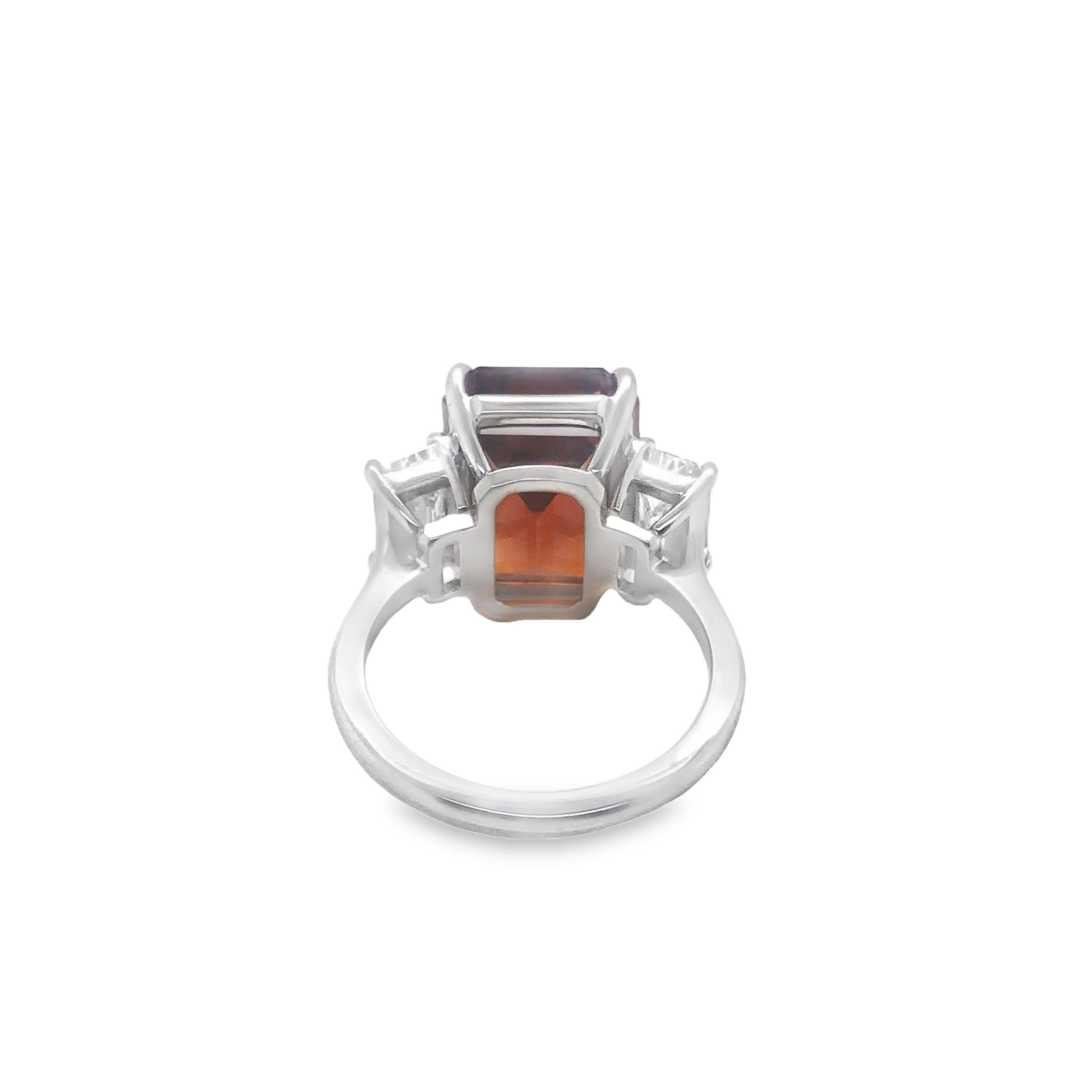 Platinum 12.50 CTS Orange Sapphire and Diamond Three Stone Ring For Sale 2