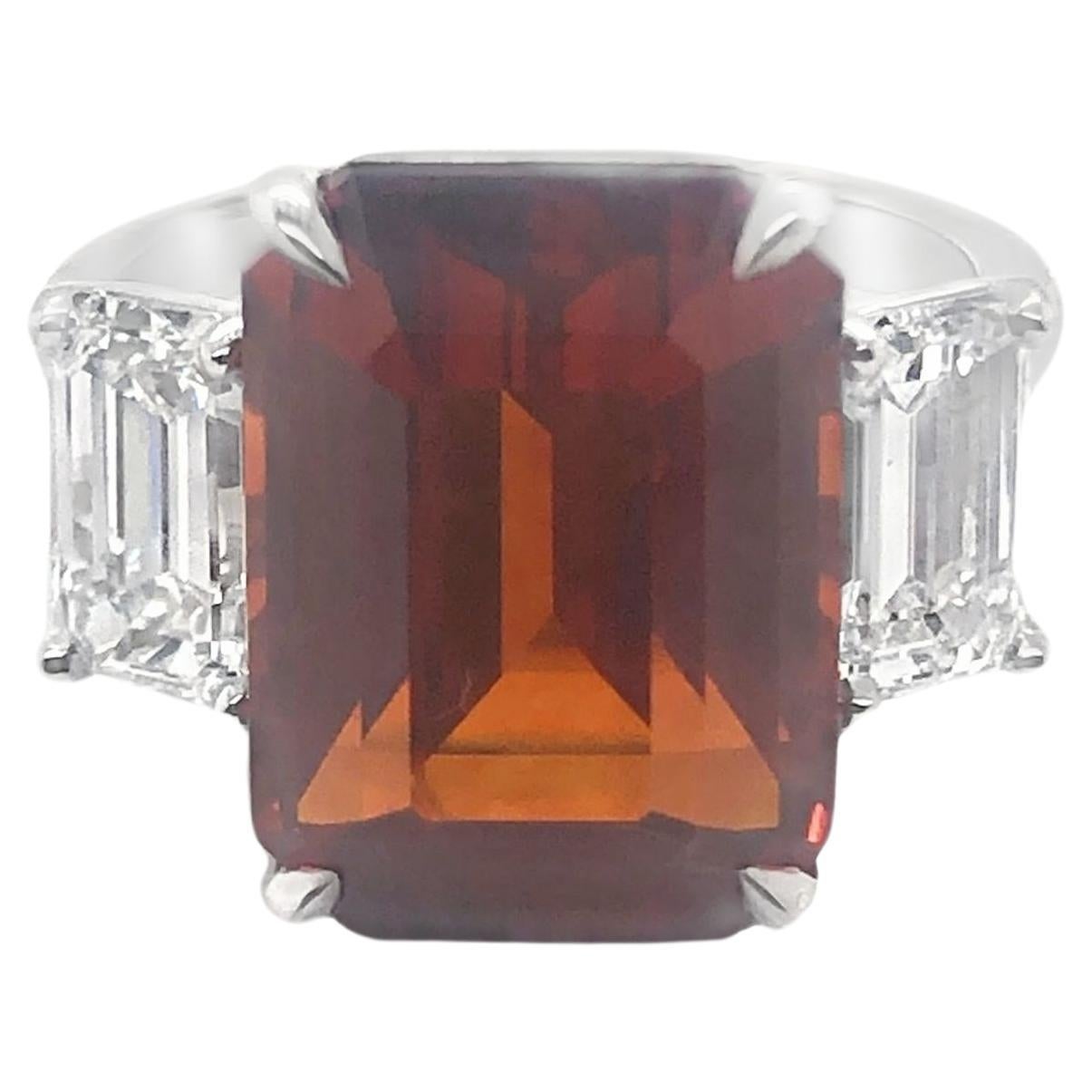 Platinum 12.50 CTS Orange Sapphire and Diamond Three Stone Ring For Sale