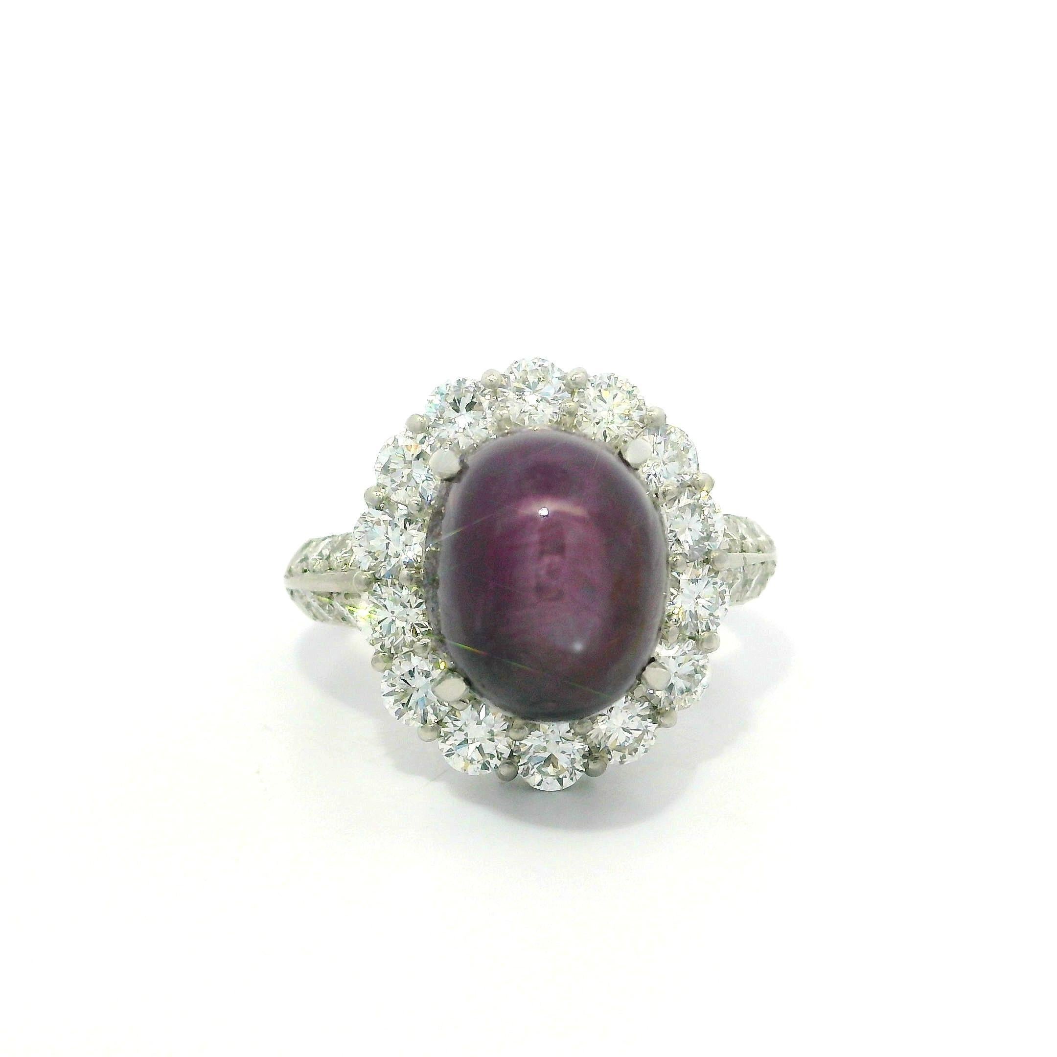 Platinum 12.62ctw Large Oval Cabochon No Heat Star Ruby w/ Diamond Halo Ring For Sale 6