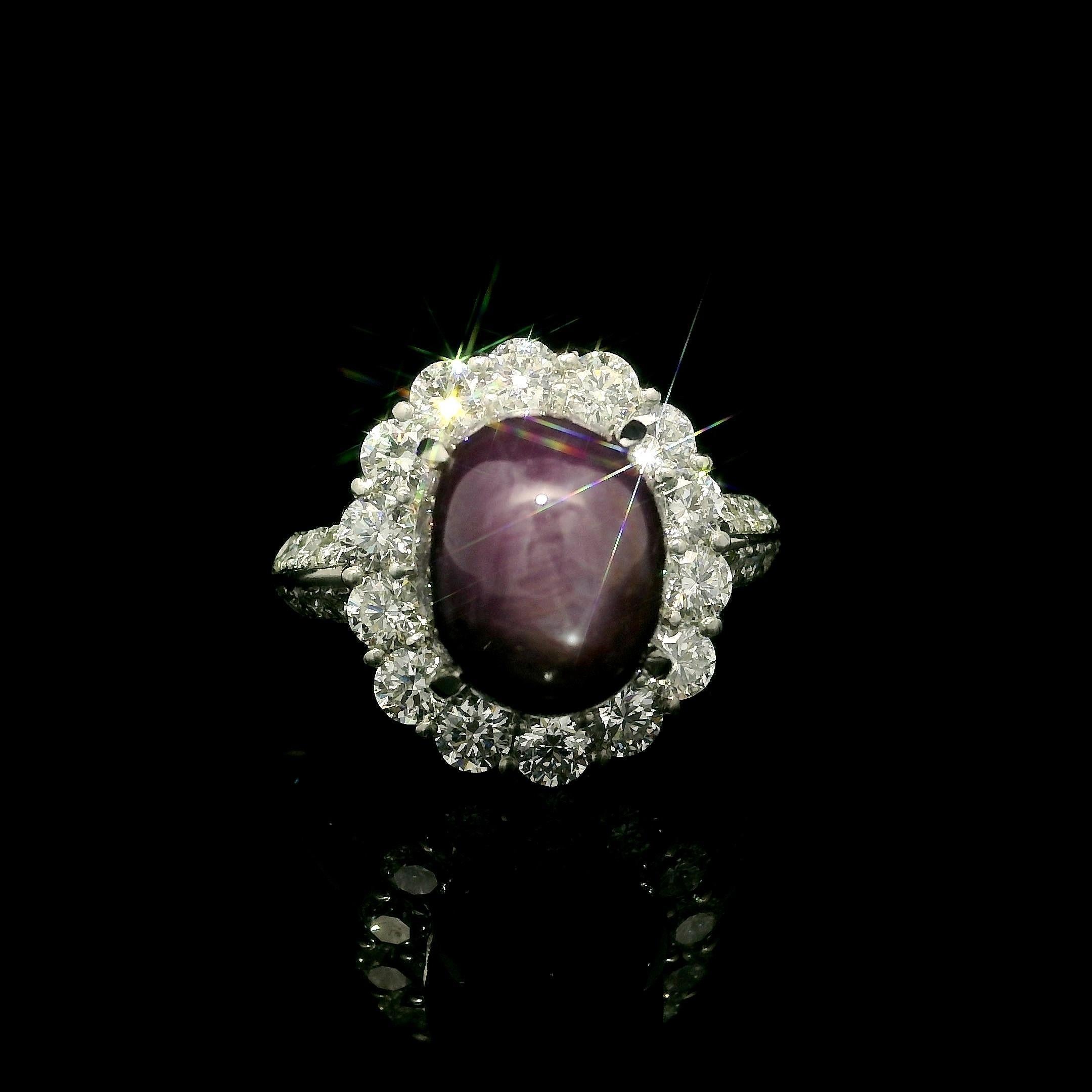 Platinum 12.62ctw Large Oval Cabochon No Heat Star Ruby w/ Diamond Halo Ring For Sale 9