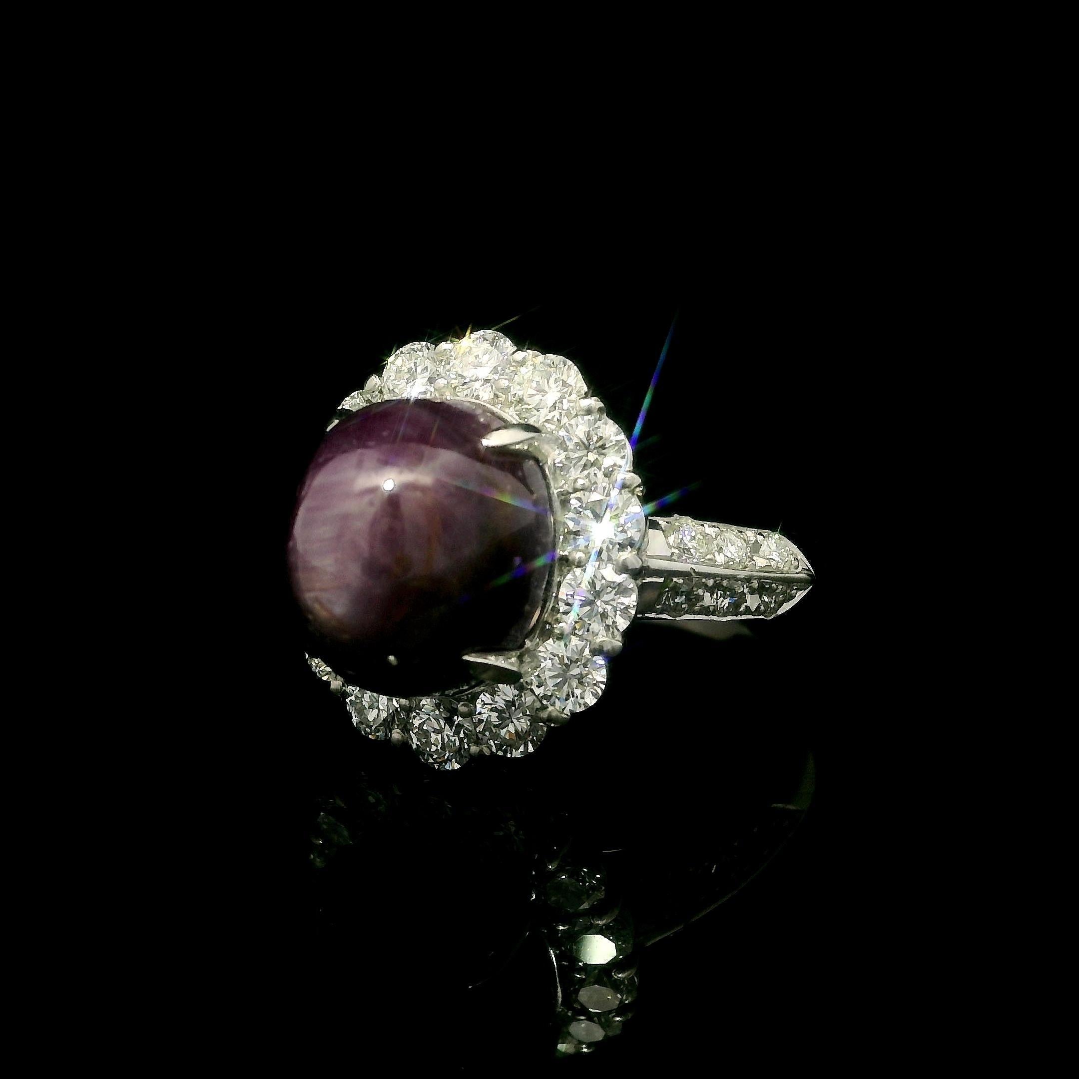 Platinum 12.62ctw Large Oval Cabochon No Heat Star Ruby w/ Diamond Halo Ring For Sale 3