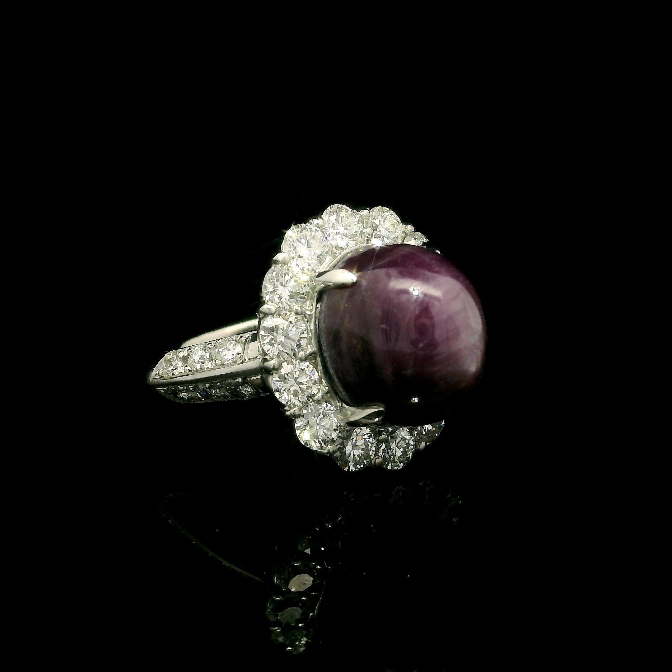 Platinum 12.62ctw Large Oval Cabochon No Heat Star Ruby w/ Diamond Halo Ring For Sale 4