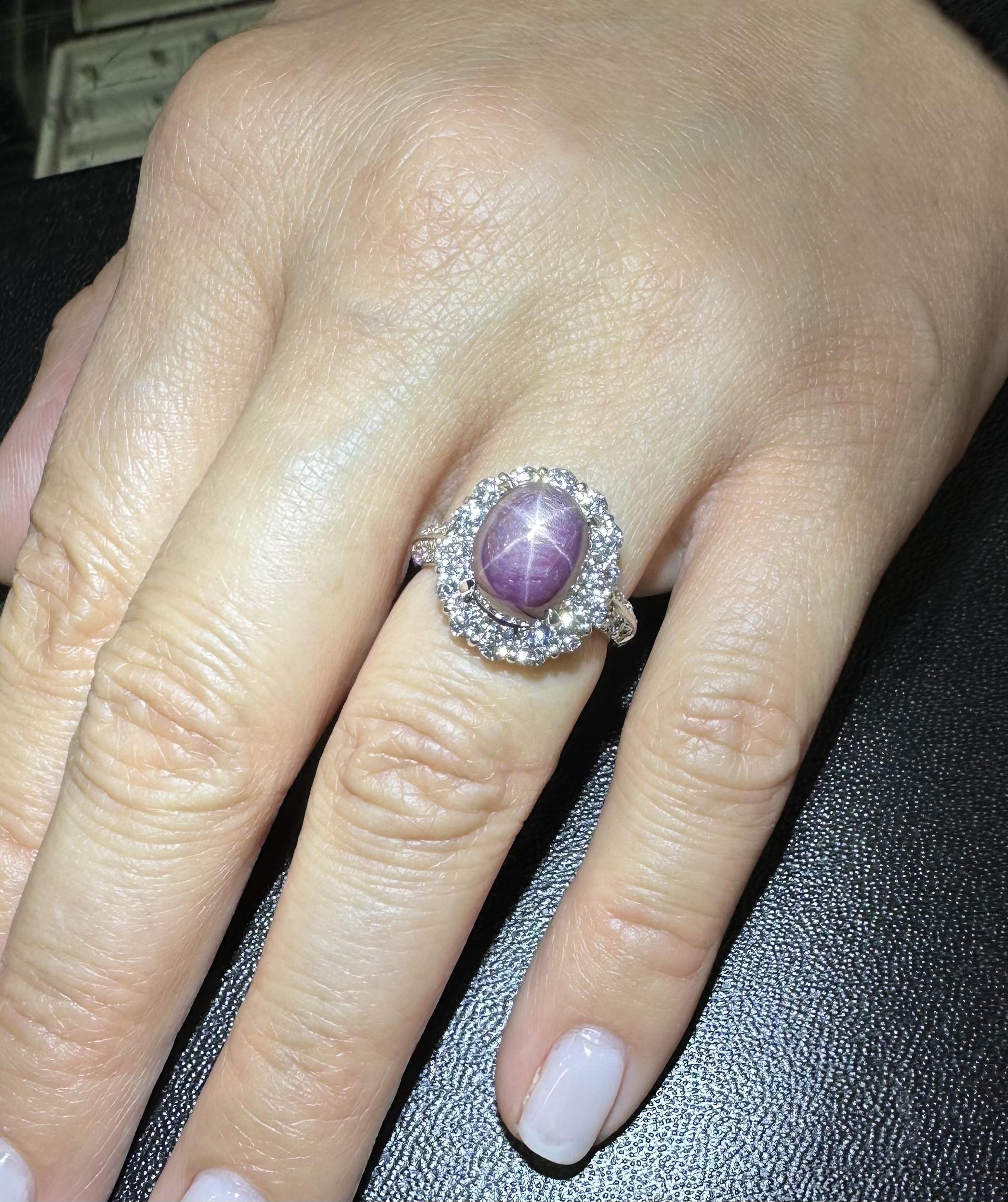 Platinum 12.62ctw Large Oval Cabochon No Heat Star Ruby w/ Diamond Halo Ring For Sale 5