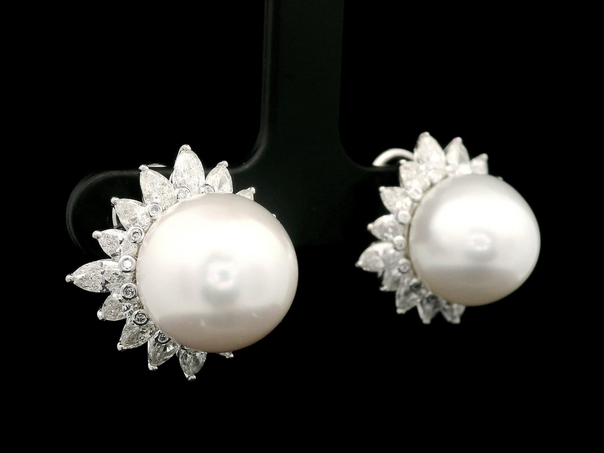 Platinum 12.65mm Pearl 3.20ctw Pear Marquise Diamond Halo Clip On Earrings For Sale 5
