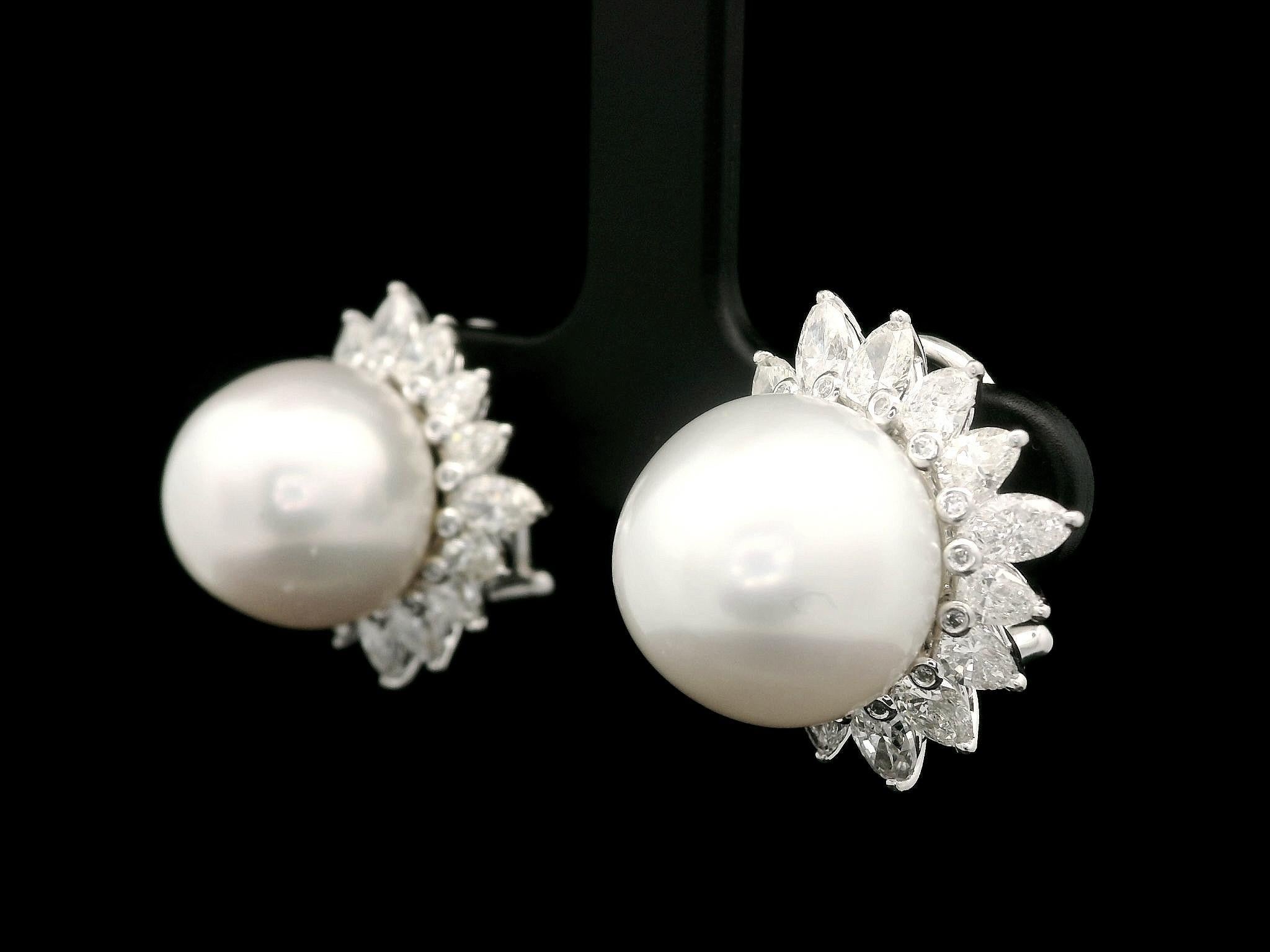 Platinum 12.65mm Pearl 3.20ctw Pear Marquise Diamond Halo Clip On Earrings For Sale 6