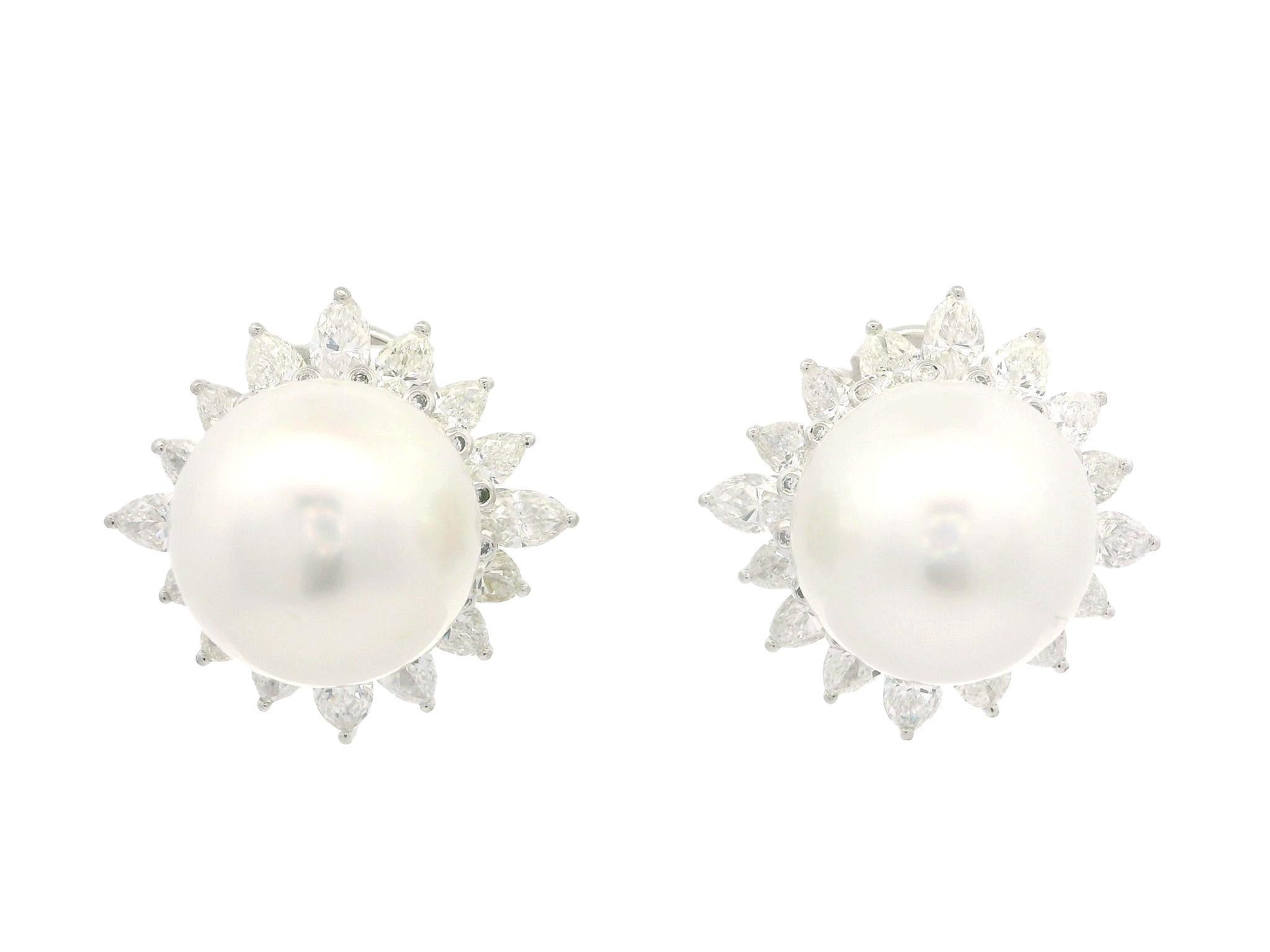 Platinum 12.65mm Pearl 3.20ctw Pear Marquise Diamond Halo Clip On Earrings For Sale 7