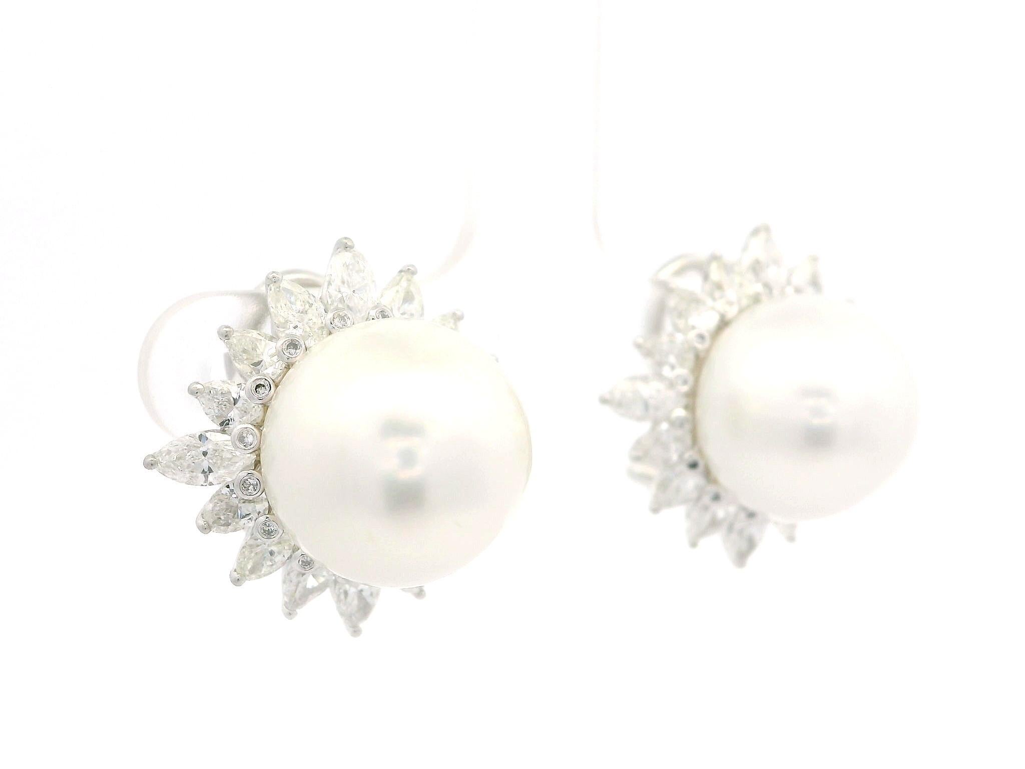 Platinum 12.65mm Pearl 3.20ctw Pear Marquise Diamond Halo Clip On Earrings For Sale 8
