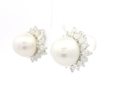 Platinum 12.65mm Pearl 3.20ctw Pear Marquise Diamond Halo Clip On Earrings