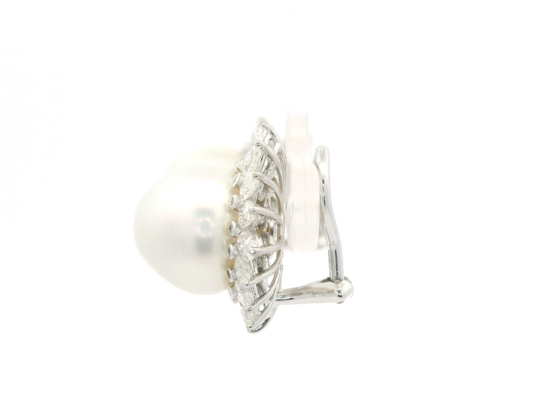 Round Cut Platinum 12.65mm Pearl 3.20ctw Pear Marquise Diamond Halo Clip On Earrings For Sale