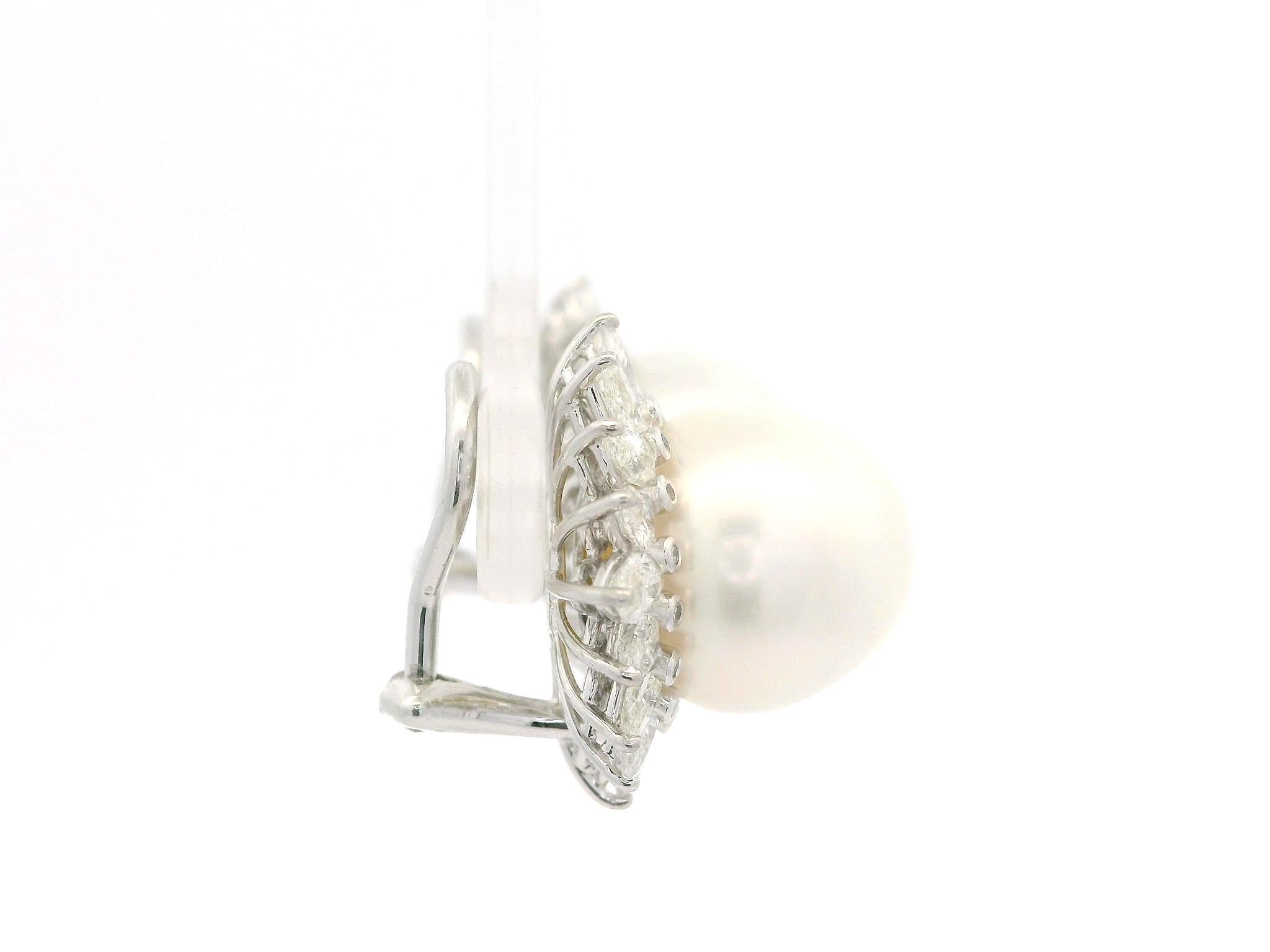Platinum 12.65mm Pearl 3.20ctw Pear Marquise Diamond Halo Clip On Earrings In Excellent Condition For Sale In Montclair, NJ