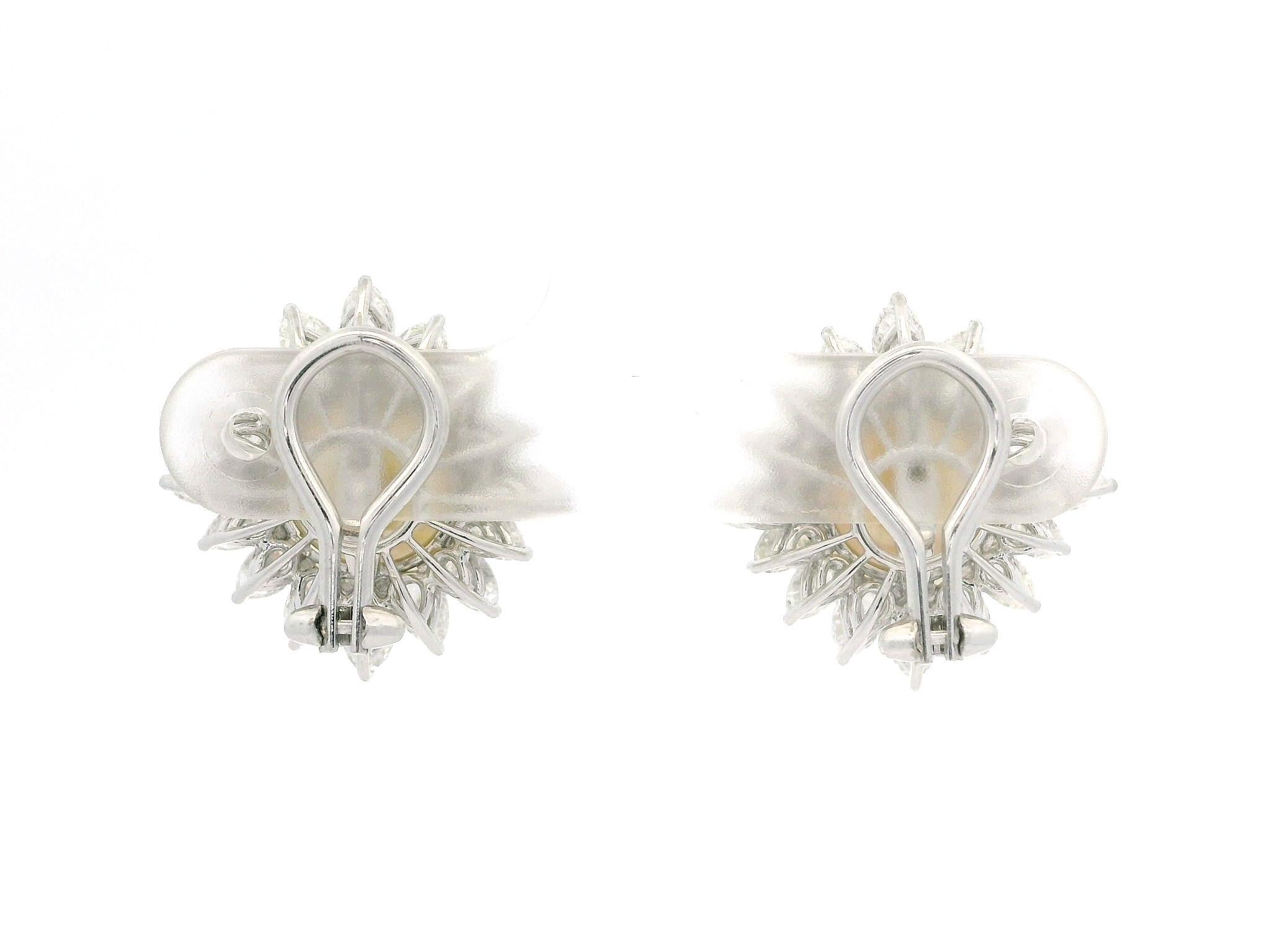 Women's Platinum 12.65mm Pearl 3.20ctw Pear Marquise Diamond Halo Clip On Earrings For Sale