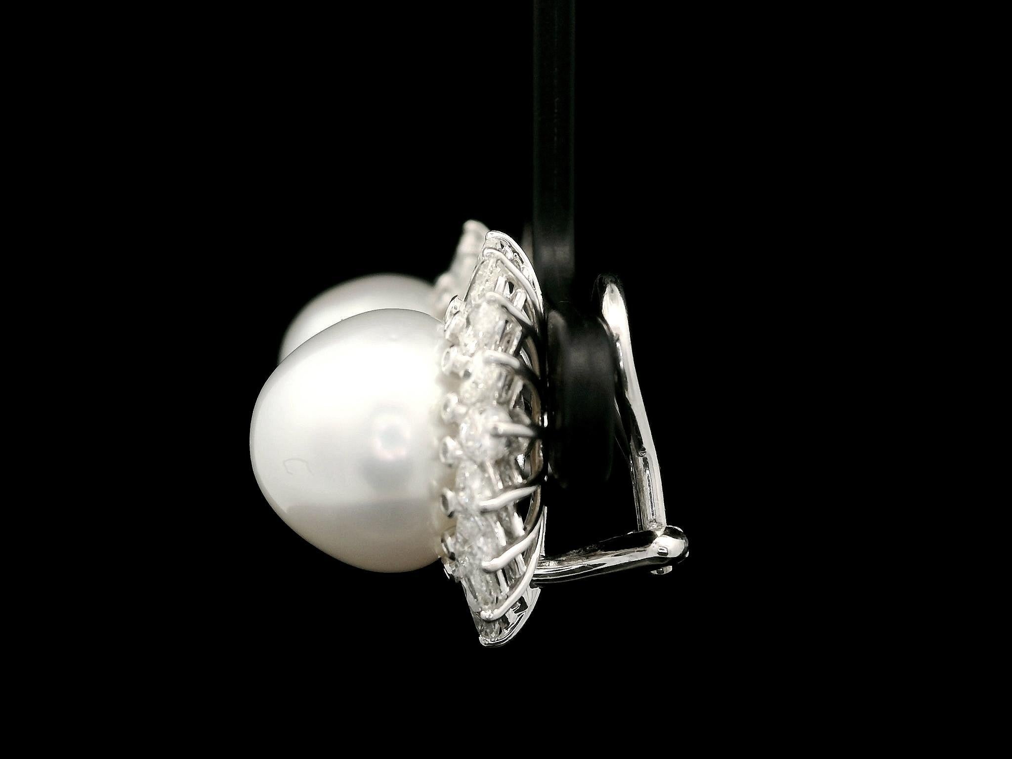 Platinum 12.65mm Pearl 3.20ctw Pear Marquise Diamond Halo Clip On Earrings For Sale 1