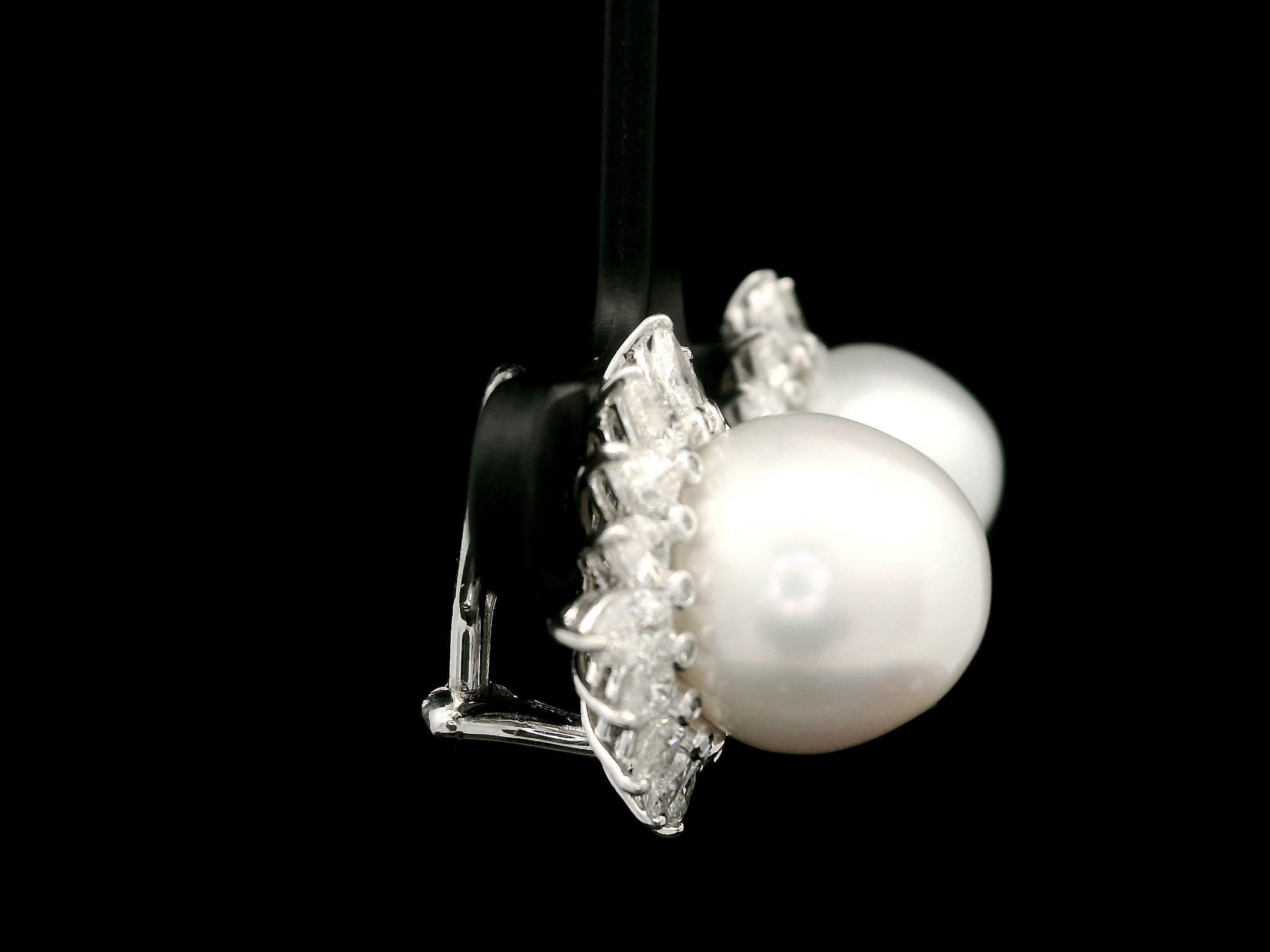 Platinum 12.65mm Pearl 3.20ctw Pear Marquise Diamond Halo Clip On Earrings For Sale 2