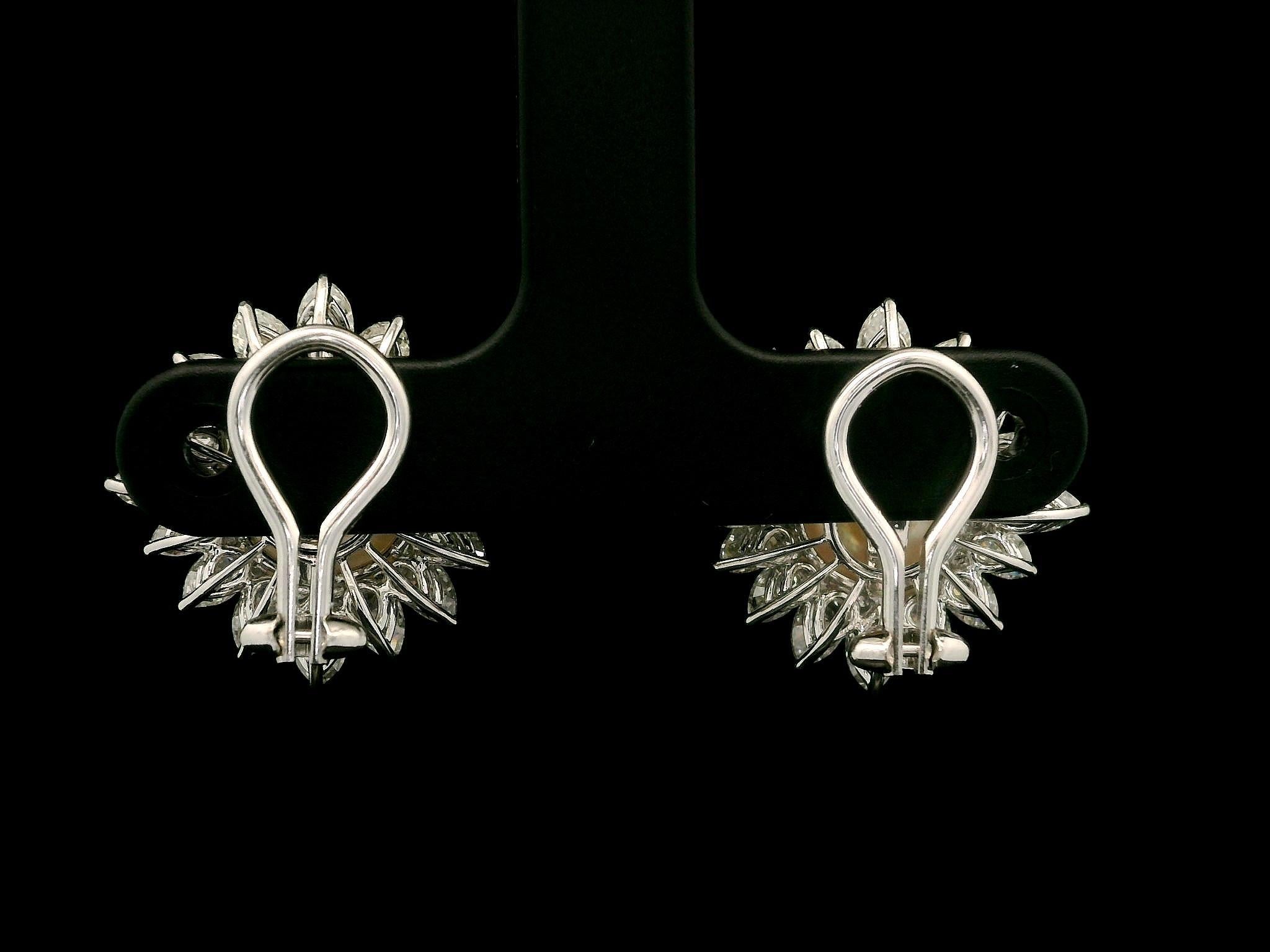 Platinum 12.65mm Pearl 3.20ctw Pear Marquise Diamond Halo Clip On Earrings For Sale 3